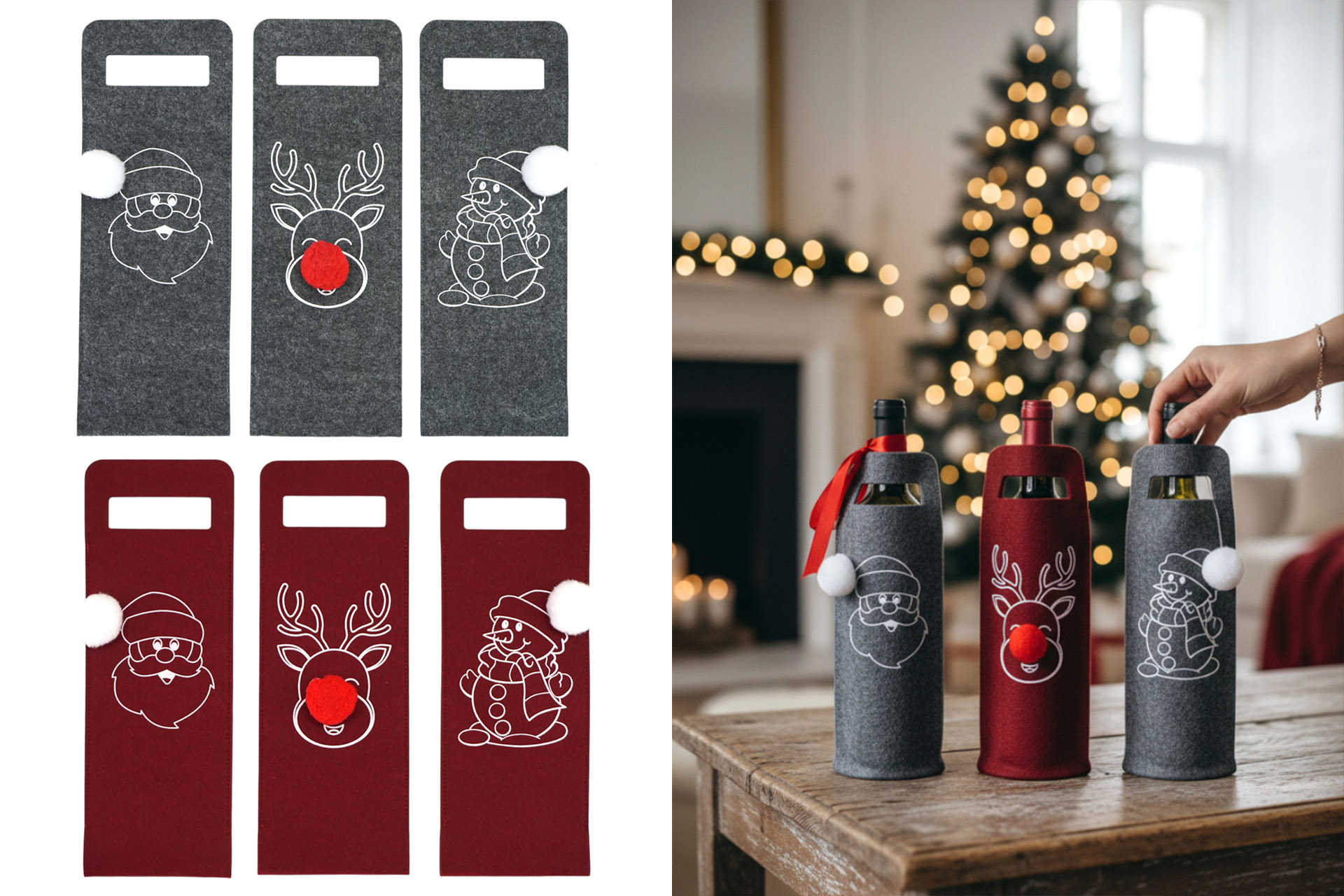 Geschenktasche Flaschentasche Filz Weihnachten mit Bommel 41x14,5cm, 3 Designs