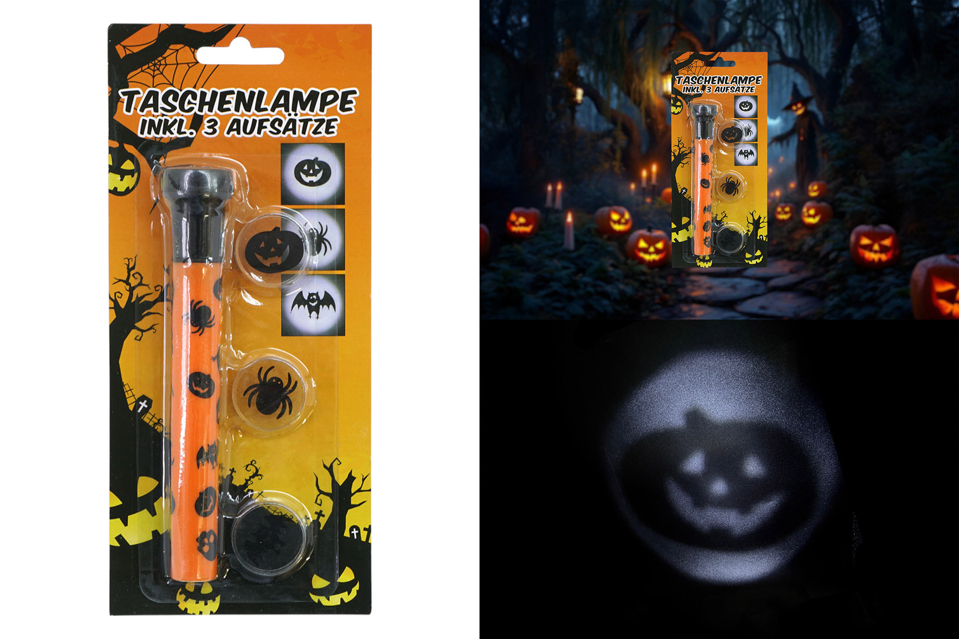 Taschenlampe Halloween 15cm, inkl. 3 Aufsätze