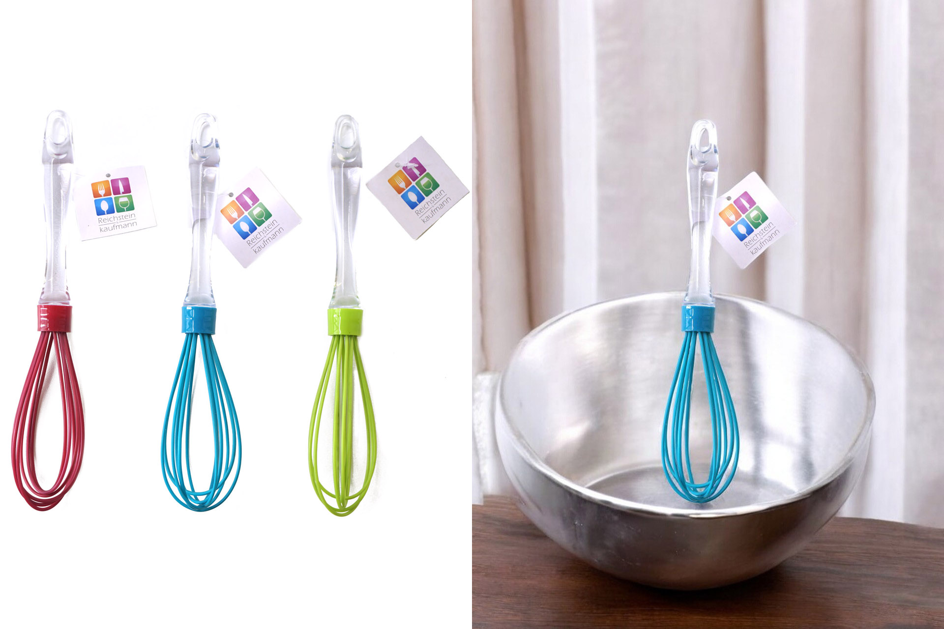 Silicon whisk with transparent handle, 3 colours, 26 cm