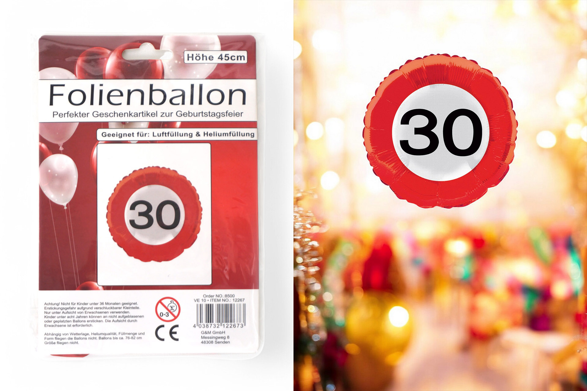Folienballon Jubiläum Verkehrsschild "30", 45cm
