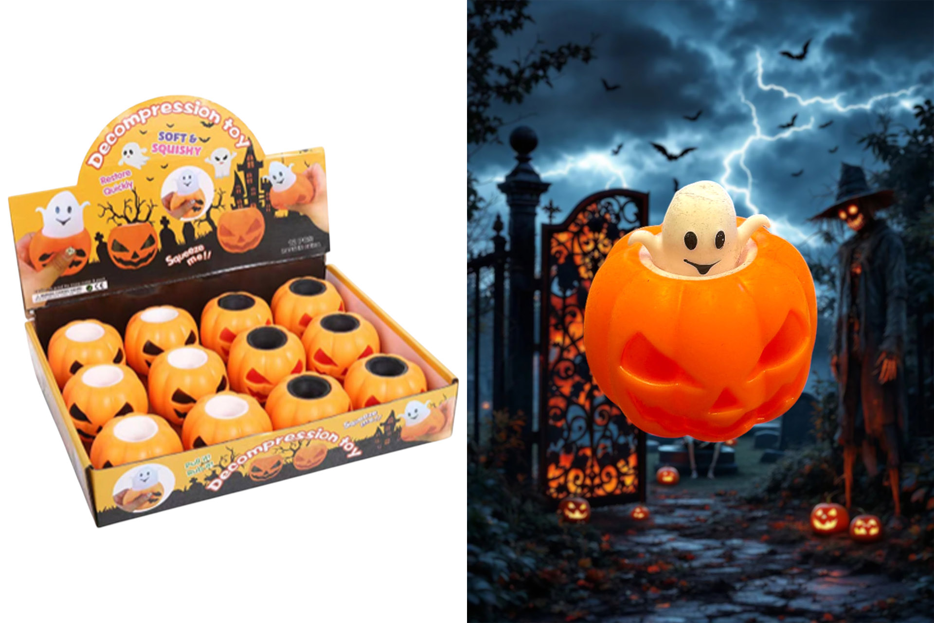 Quetschball Anti-Stress Halloween "Pumpkin Ghost" 2 Farben, Display