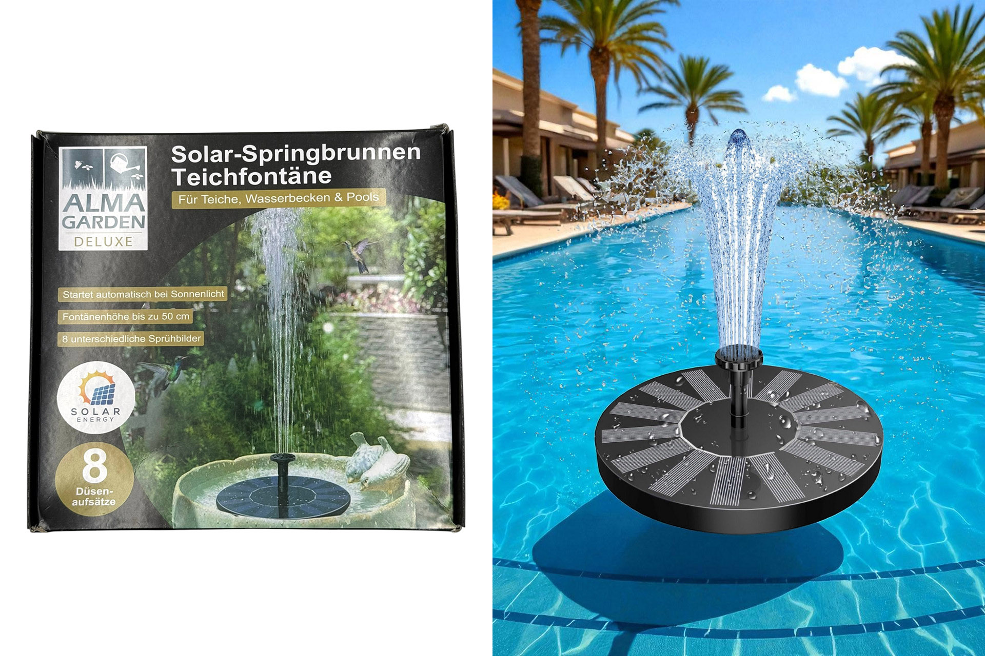 Solar Fontäne, 16x16cm, inkl. 8 Aufsätze
