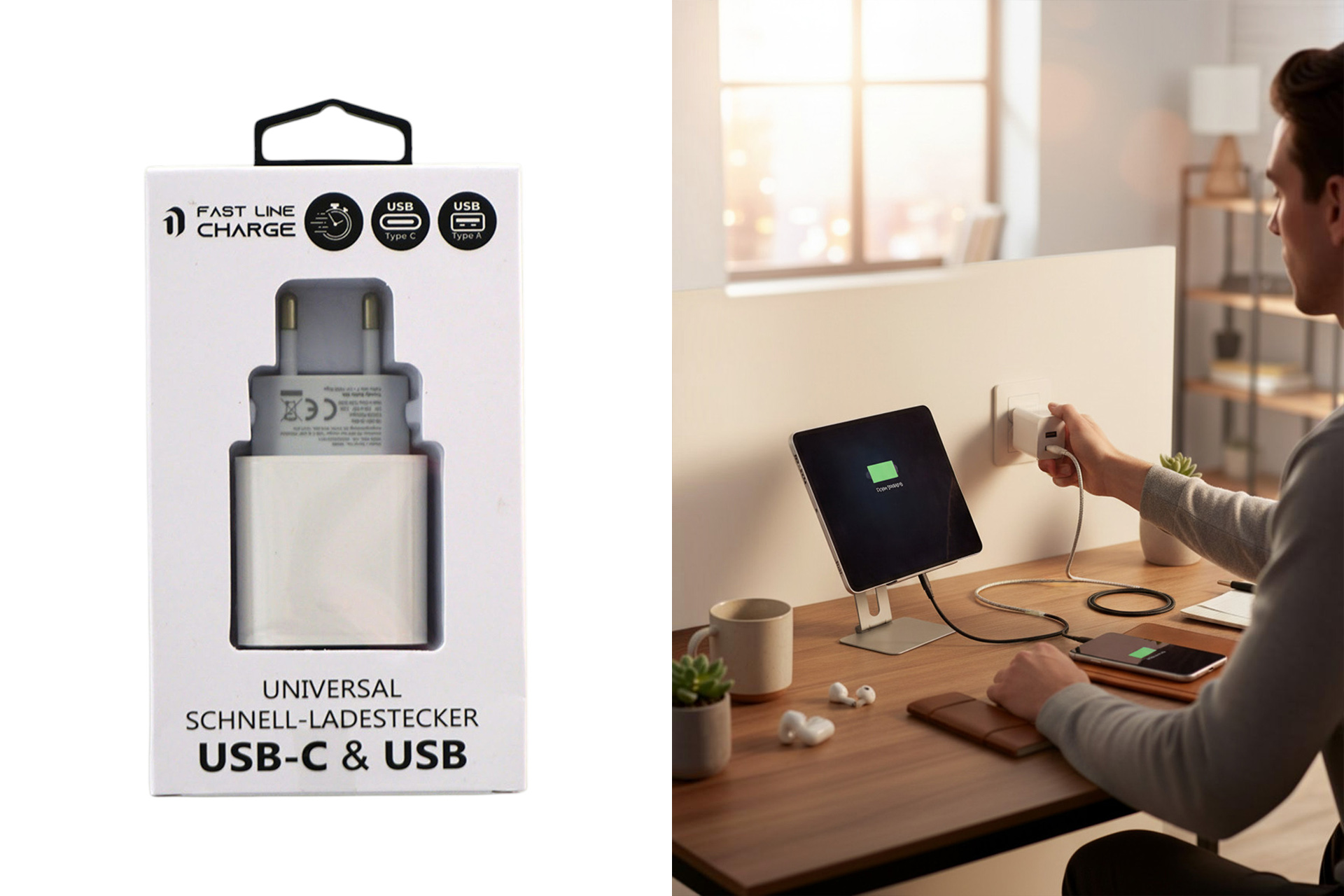 Netzstecker/Schnellladegerät "USB-C & USB" PREMIUM, weiß