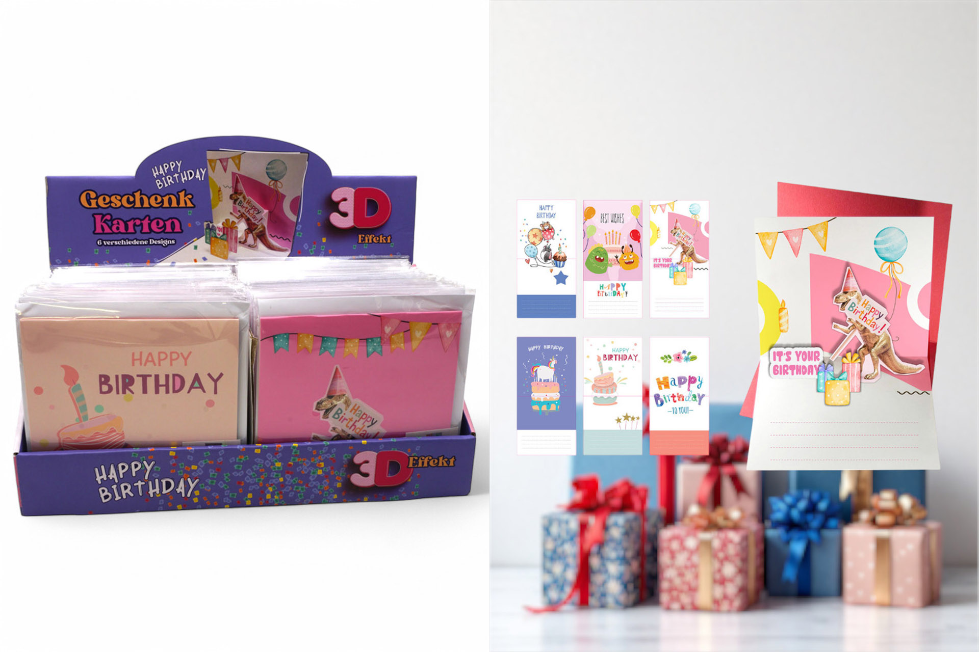 Geschenkkarten 3D "Happy Birthday" 14x14cm mit Umschlag, 6 Designs, im Display