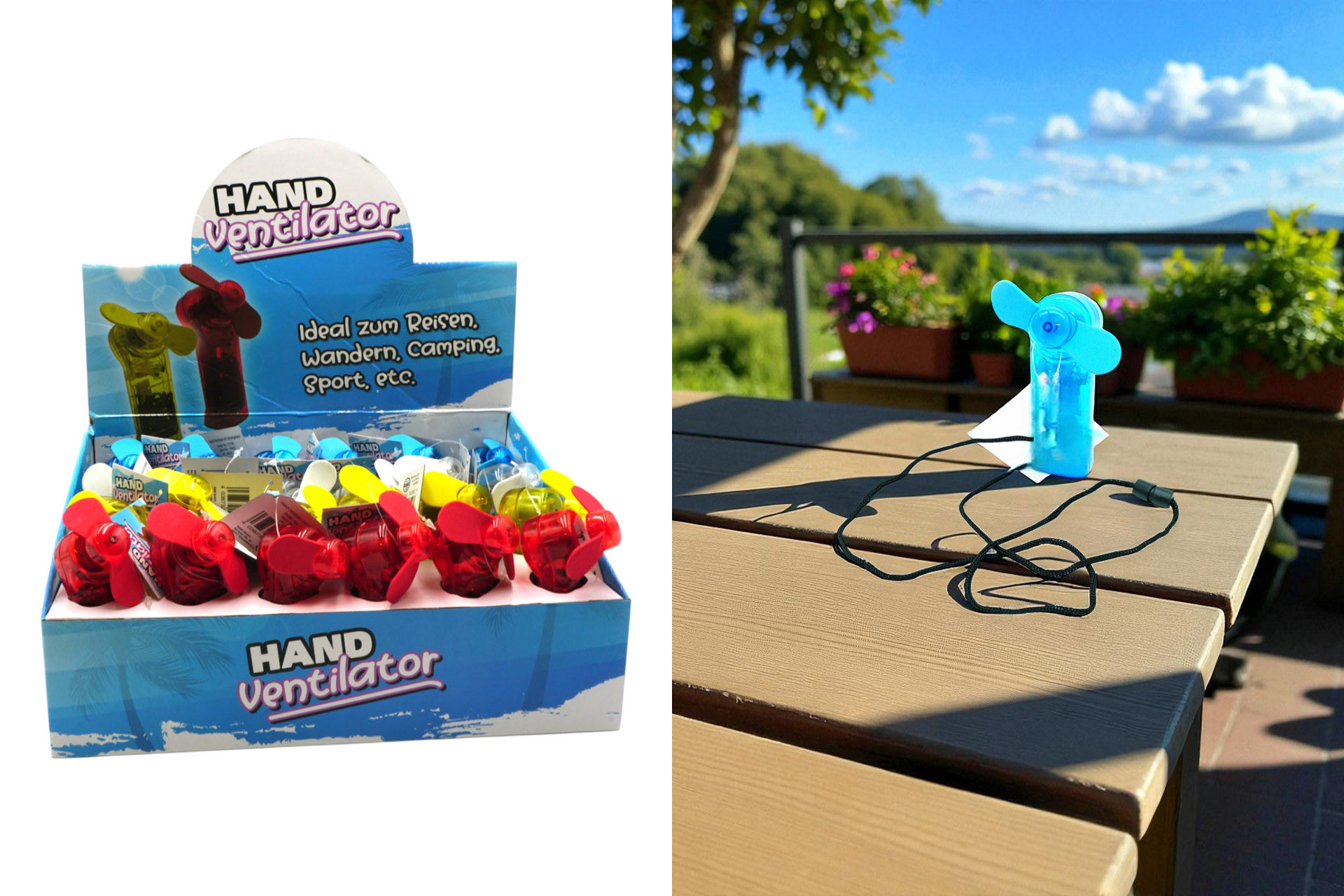 Hand-Ventilator mit Umhängeband 4 Farben, im Display