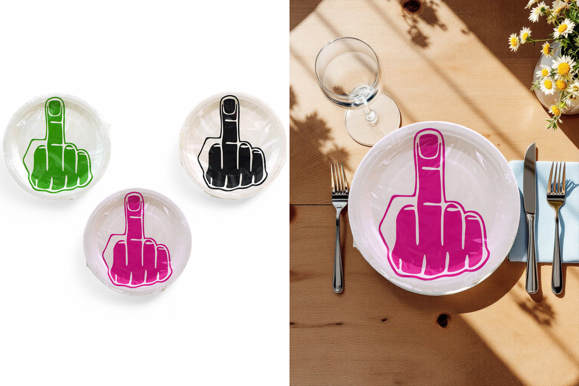 Pappteller "Mittelfinger", Ø 23cm, 6er Set, 3 Farben