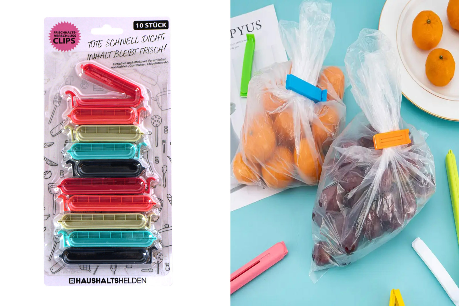 Sealing clips for food and snack bags, colored, 10-pieces-package