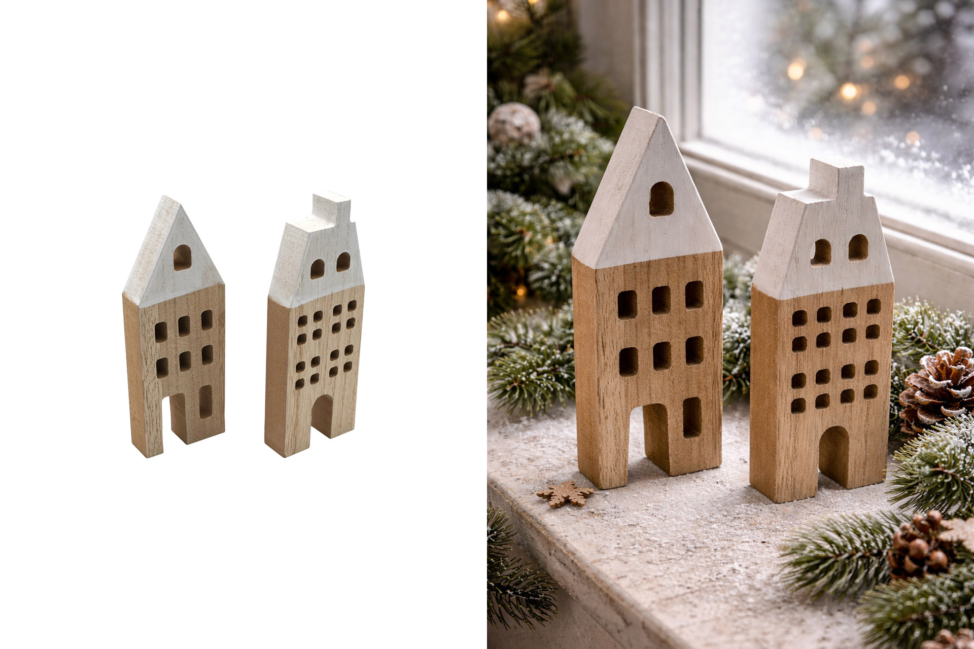 Weihnachtsdeko Holz "Häuser Allee", 15x5,5x2cm, 2 Designs
