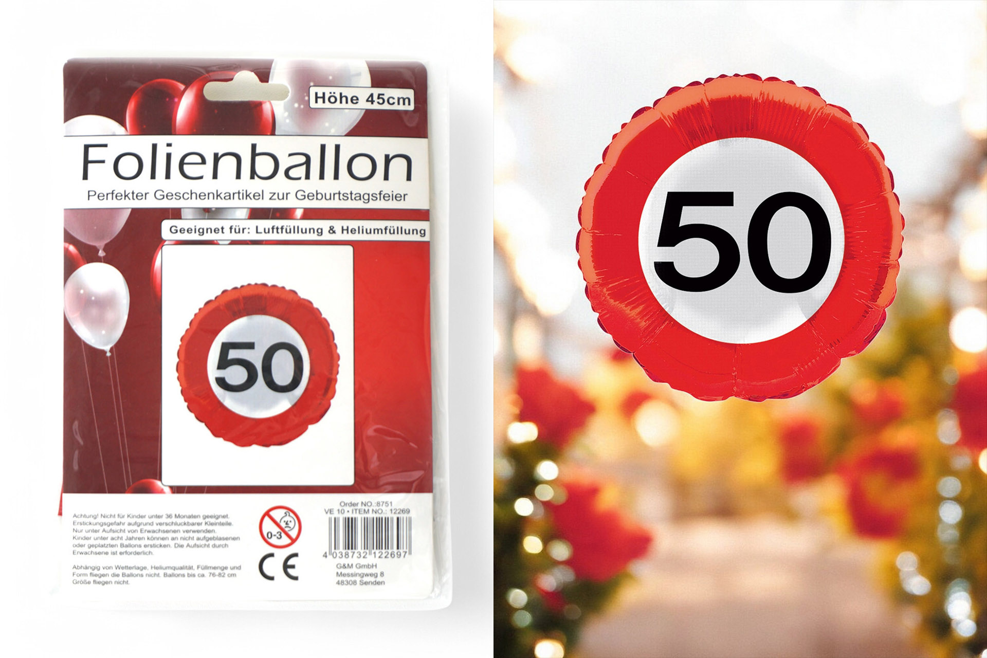 Folienballon Jubiläum Verkehrsschild "50", 45cm