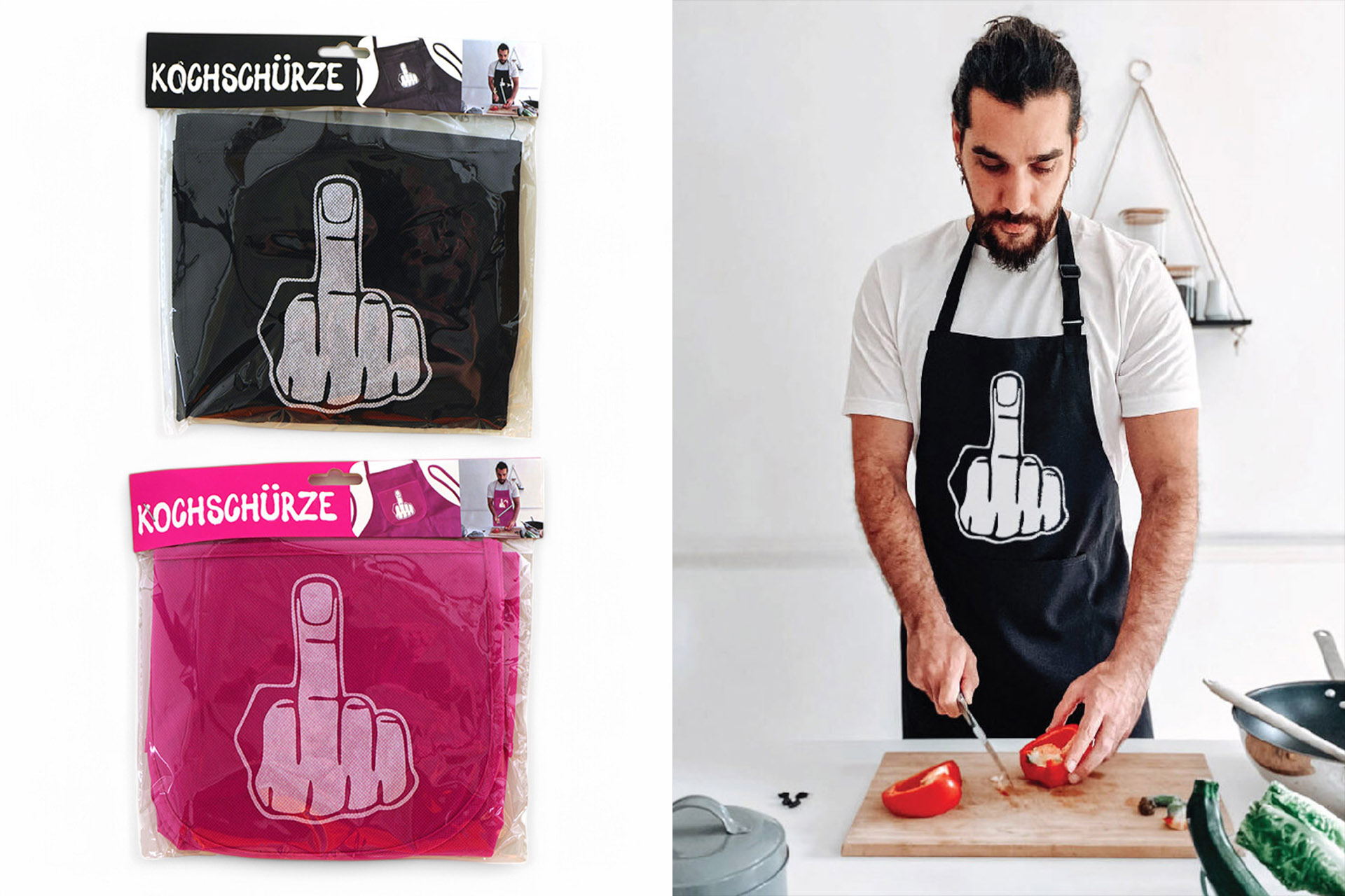 Kochschürze "Mittelfinger" mit Tasche, 2 Farben
