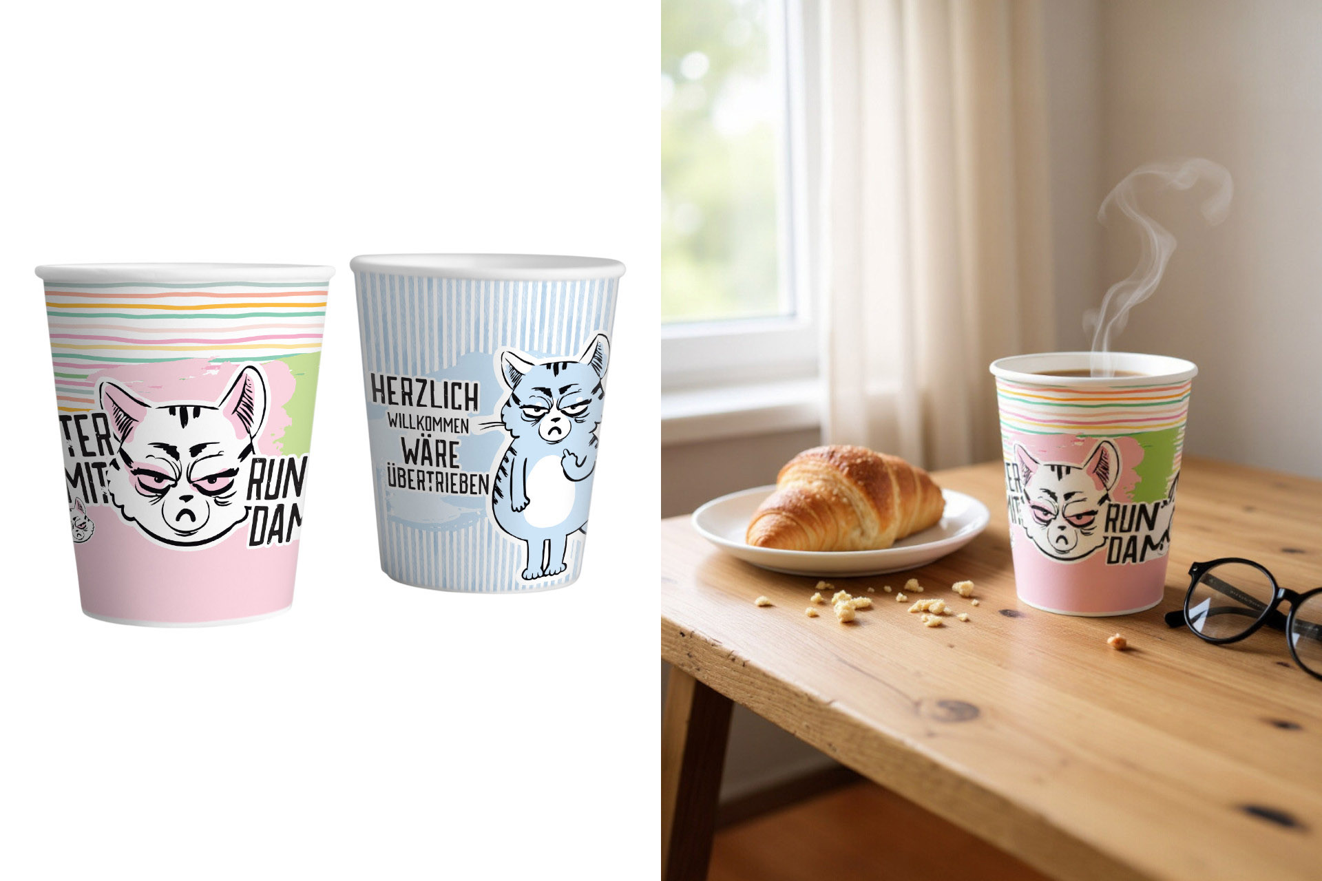 Pappbecher "Miesekatze", 6er Set, 200ml, 2 Designs