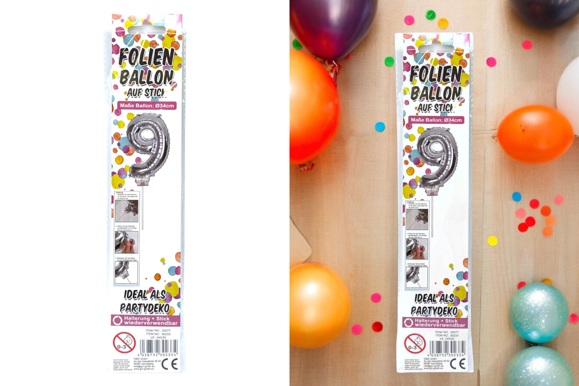 Foil balloon "No. 9 silver" with stand, 34cm