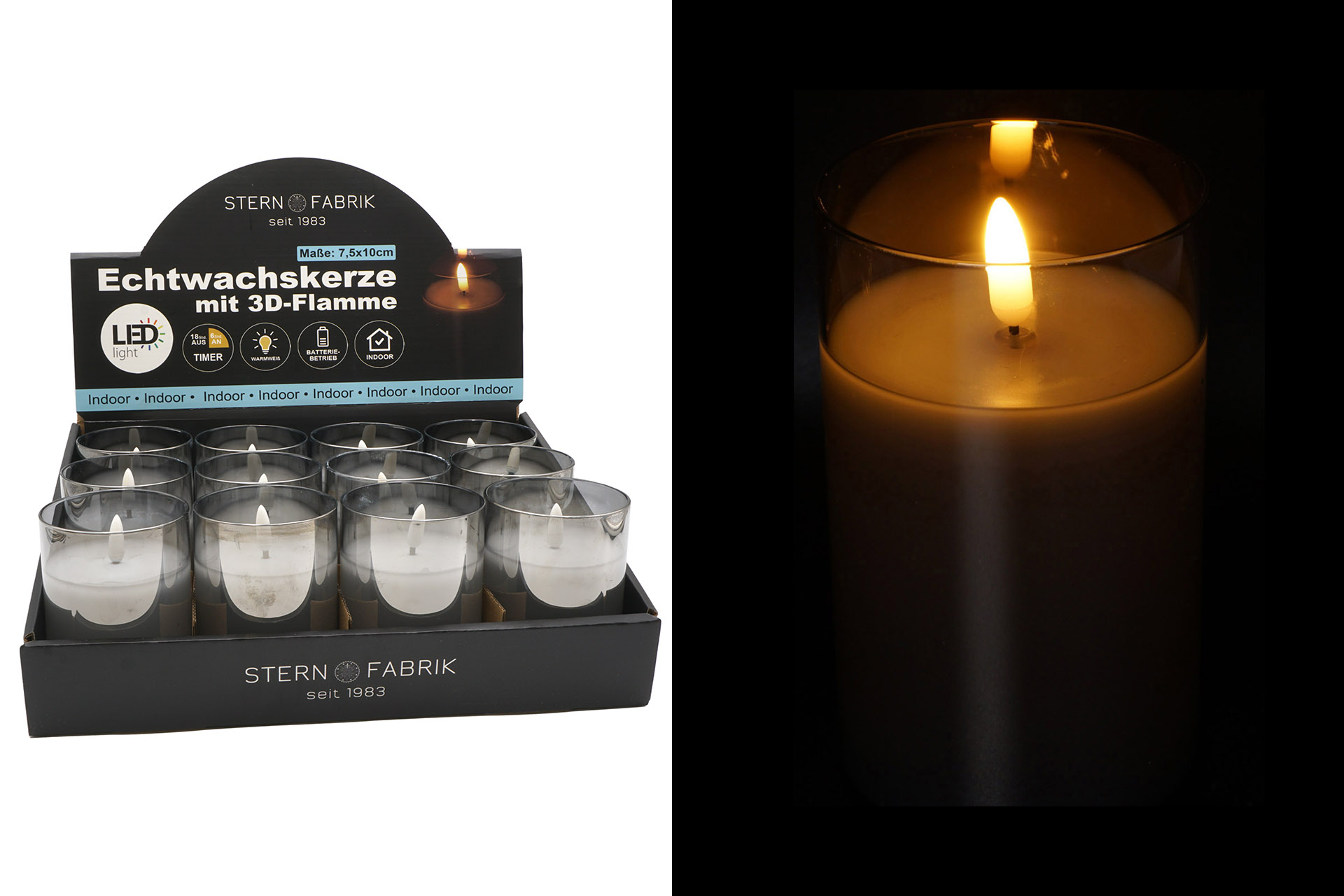 LED Echtwachskerze in Glas "3D Flamme" 7,5x10cm mit Timer, Rauchglas, im Display