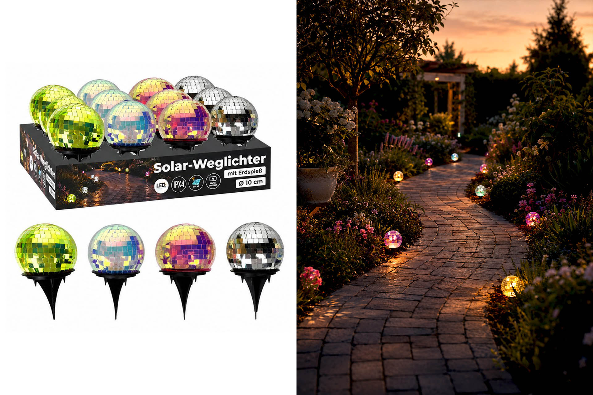 Solar Weglampe "Discokugel" mit Erdspieß, Ø 10cm, 4 Farben, im Display