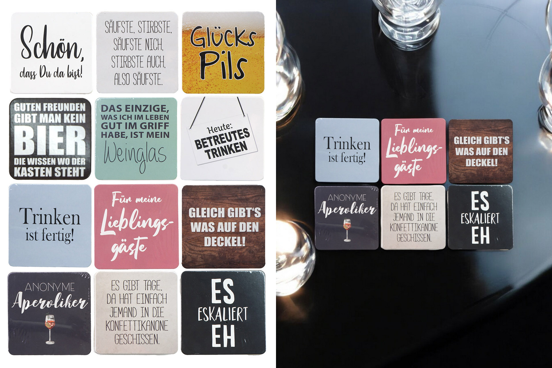 Untersetzer Bierdeckel mit Spruch 15er Set, 9x9cm, 12 Designs