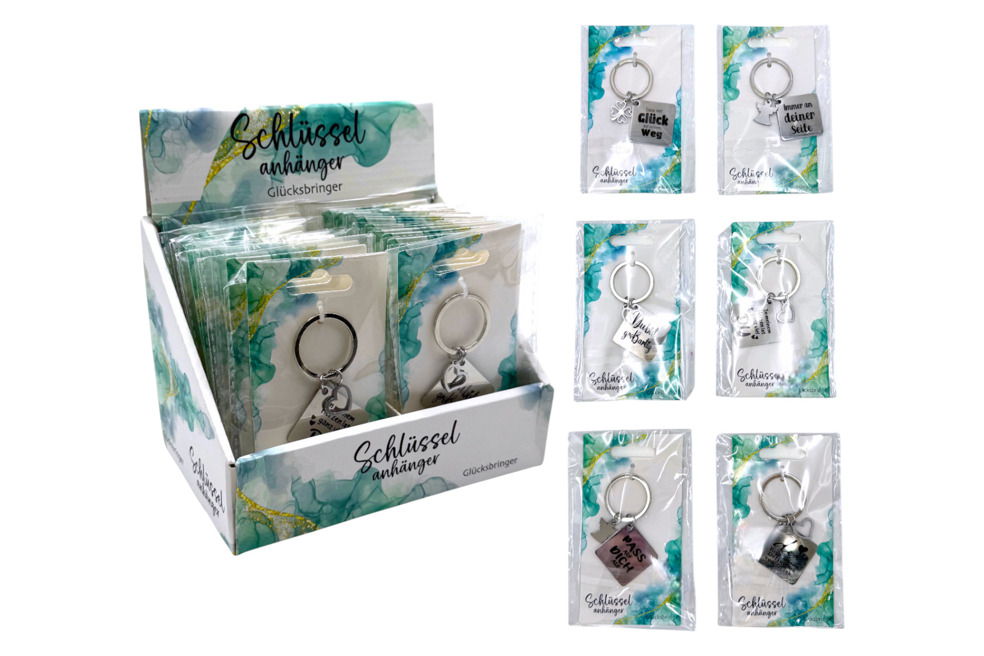 Schlüsselanhänger mit Spruch "Glücksbringer", 7x3x3cm, 6 Designs, im Display