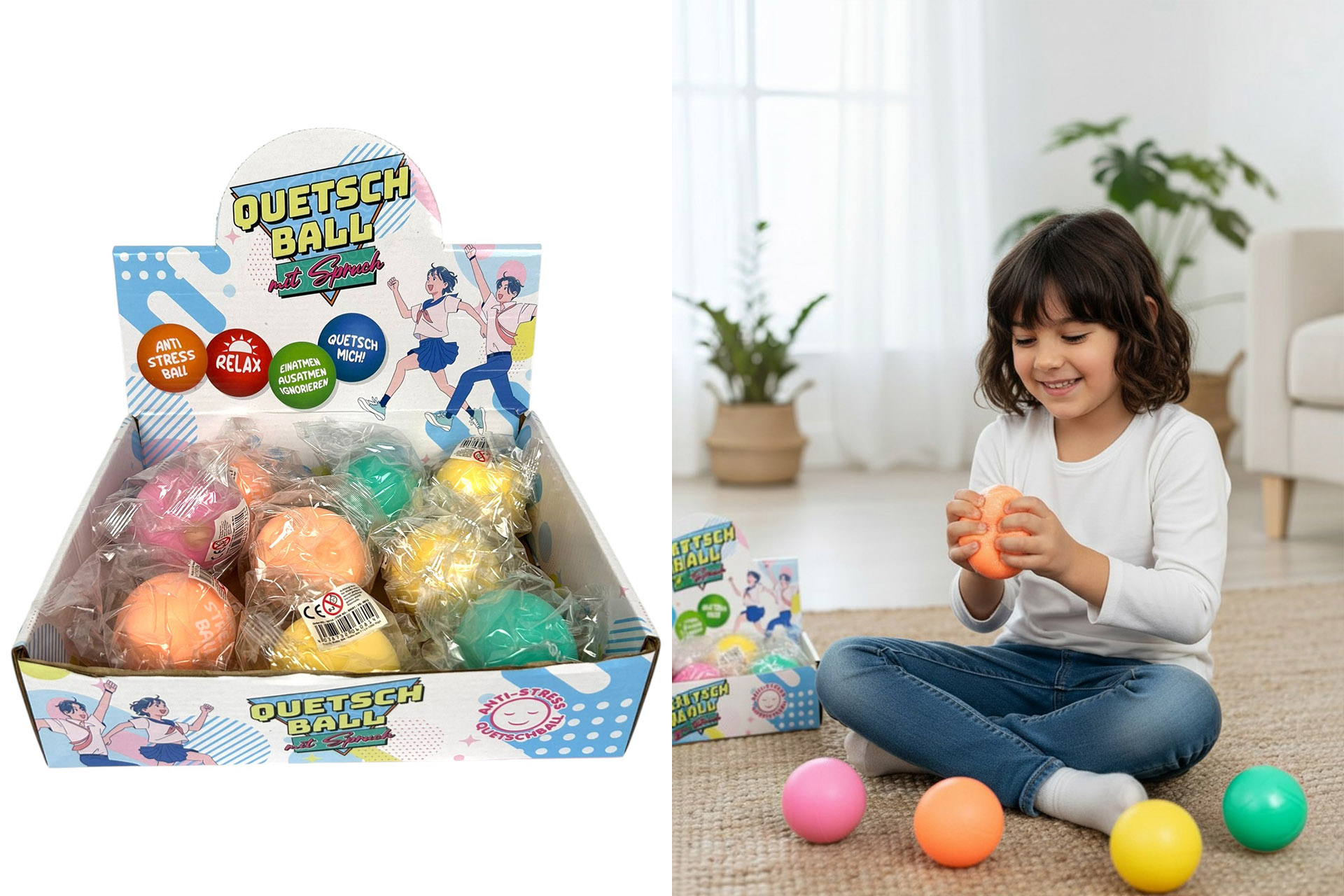 Quetschball Anti-Stress mit Spruch 7cm, 4 Farben, 4 Sprüche sortiert, im Display