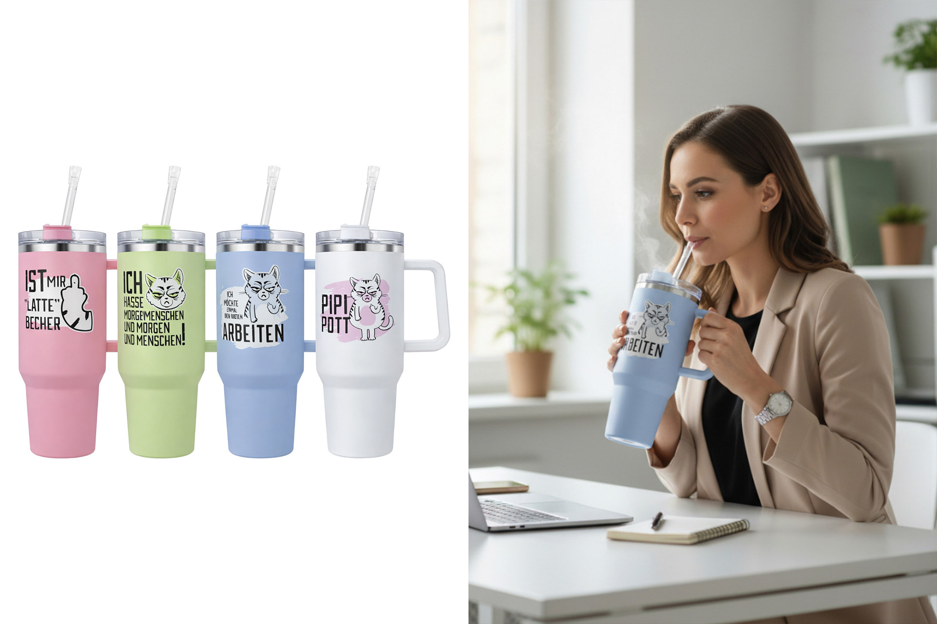 Thermobecher "Miesekatze", inkl. Strohhalm, 1200ml, 28x10cm, 4 Designs