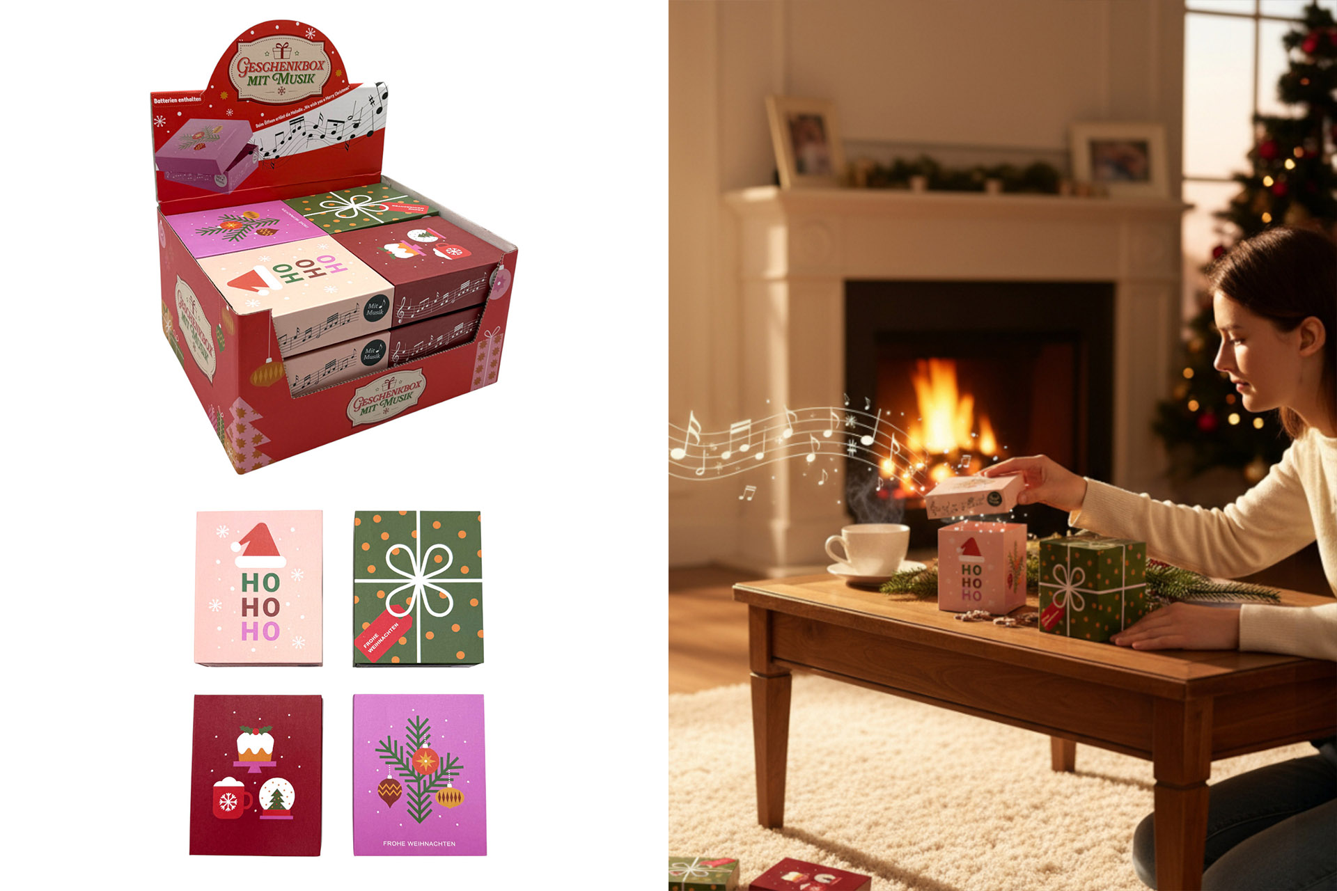 Geschenkbox mit Musik Weihnachten, 11x9cm, 4 Designs, im Display