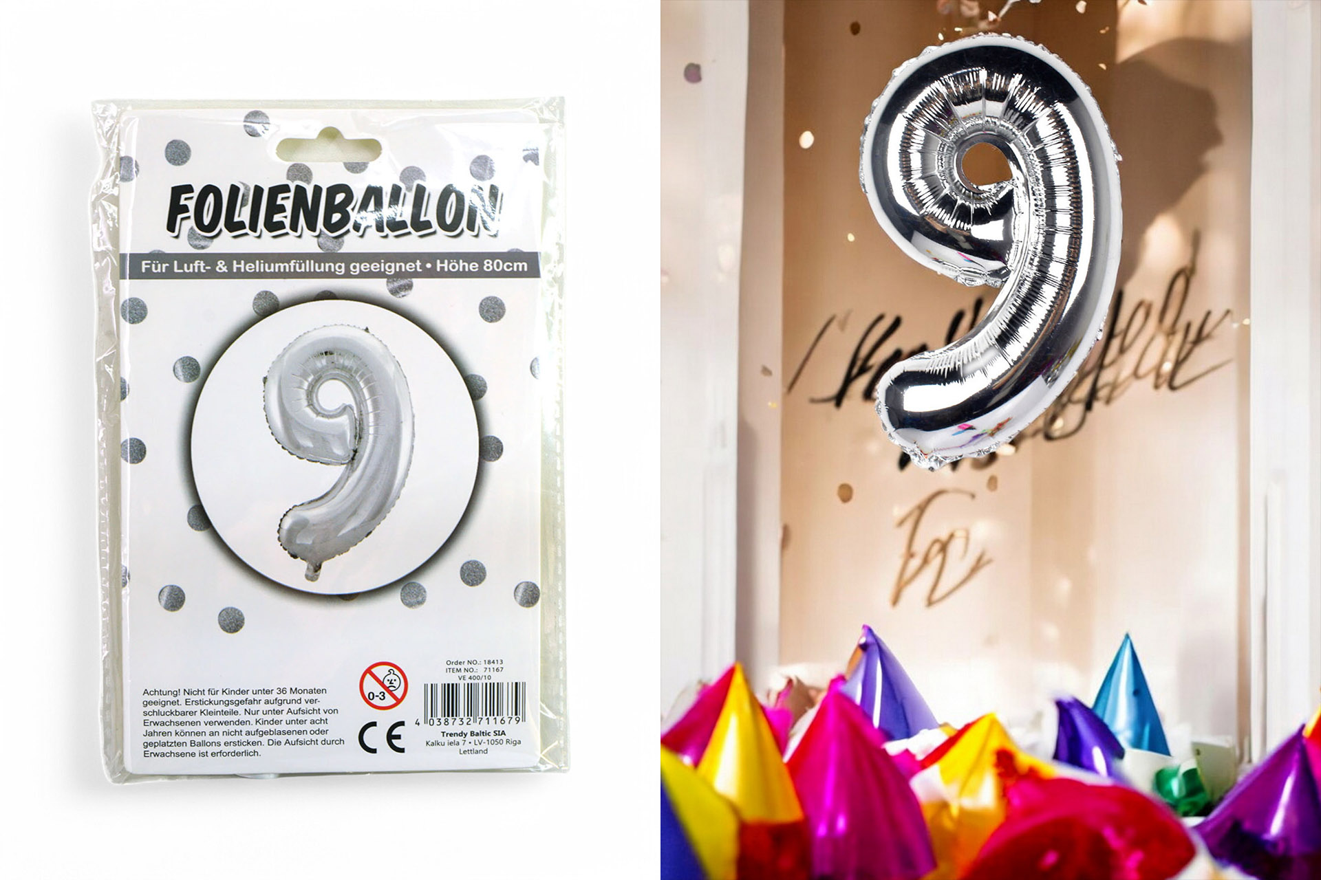 Folienballon Ziffer - 9 , 80cm silber