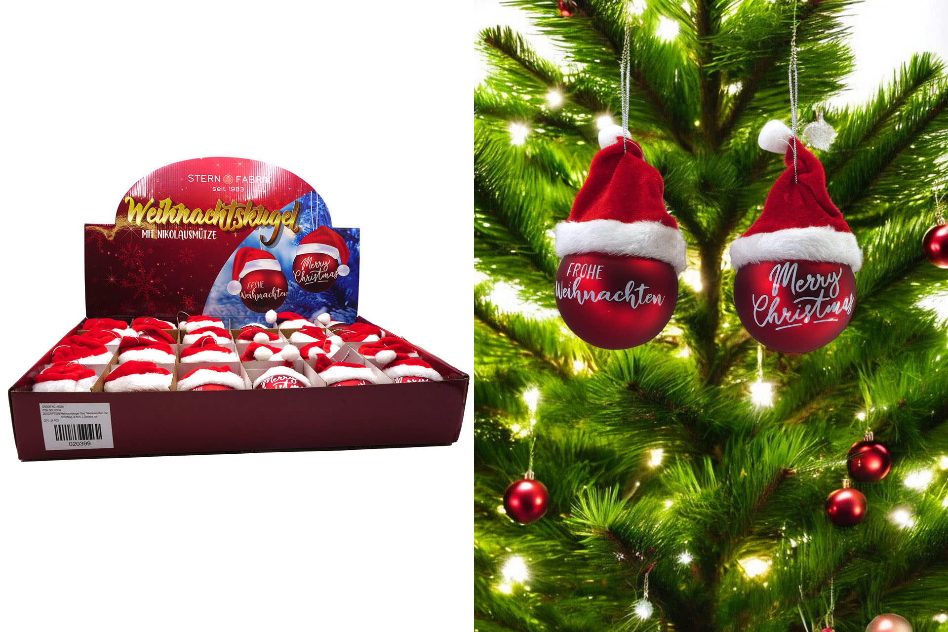 Weihnachtskugel Glas "Nikolausmütze" mit Schriftzug, Ø 8cm, 2 Designs, rot, im Display