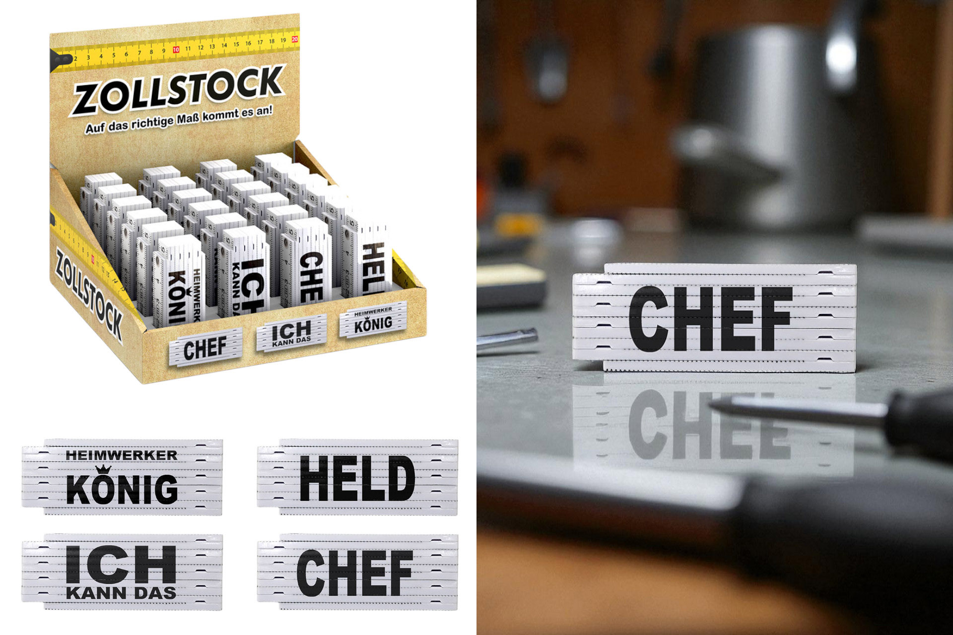 Zollstock Schlüsselanhänger 50cm mit Sprüchen, 4-fach sortiert