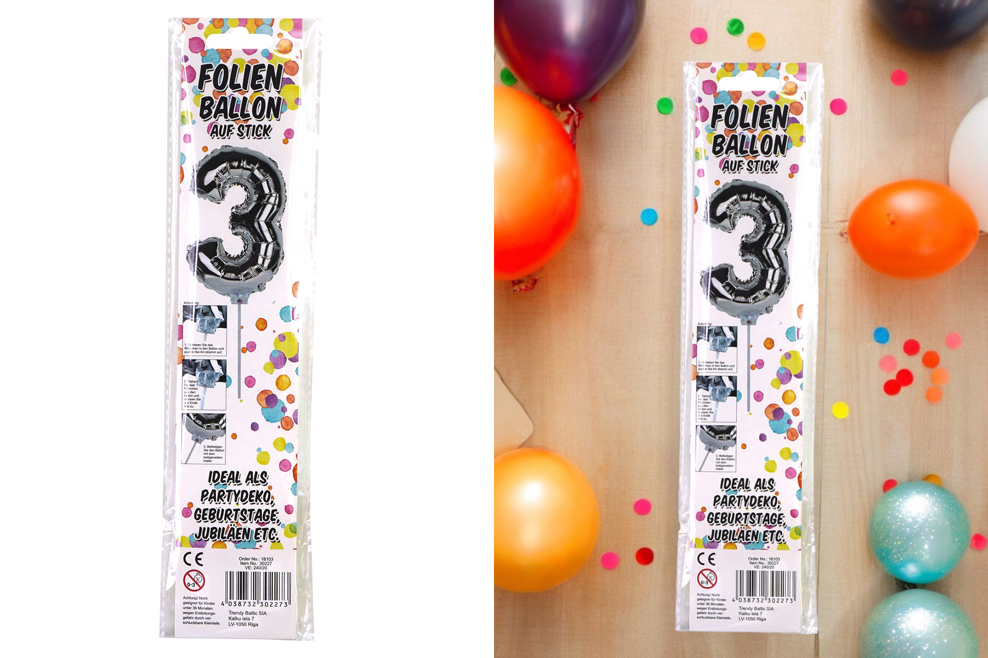 Folienballon Sortiment Refill für Display "Nr. 3 silber" mit Stick, 34cm