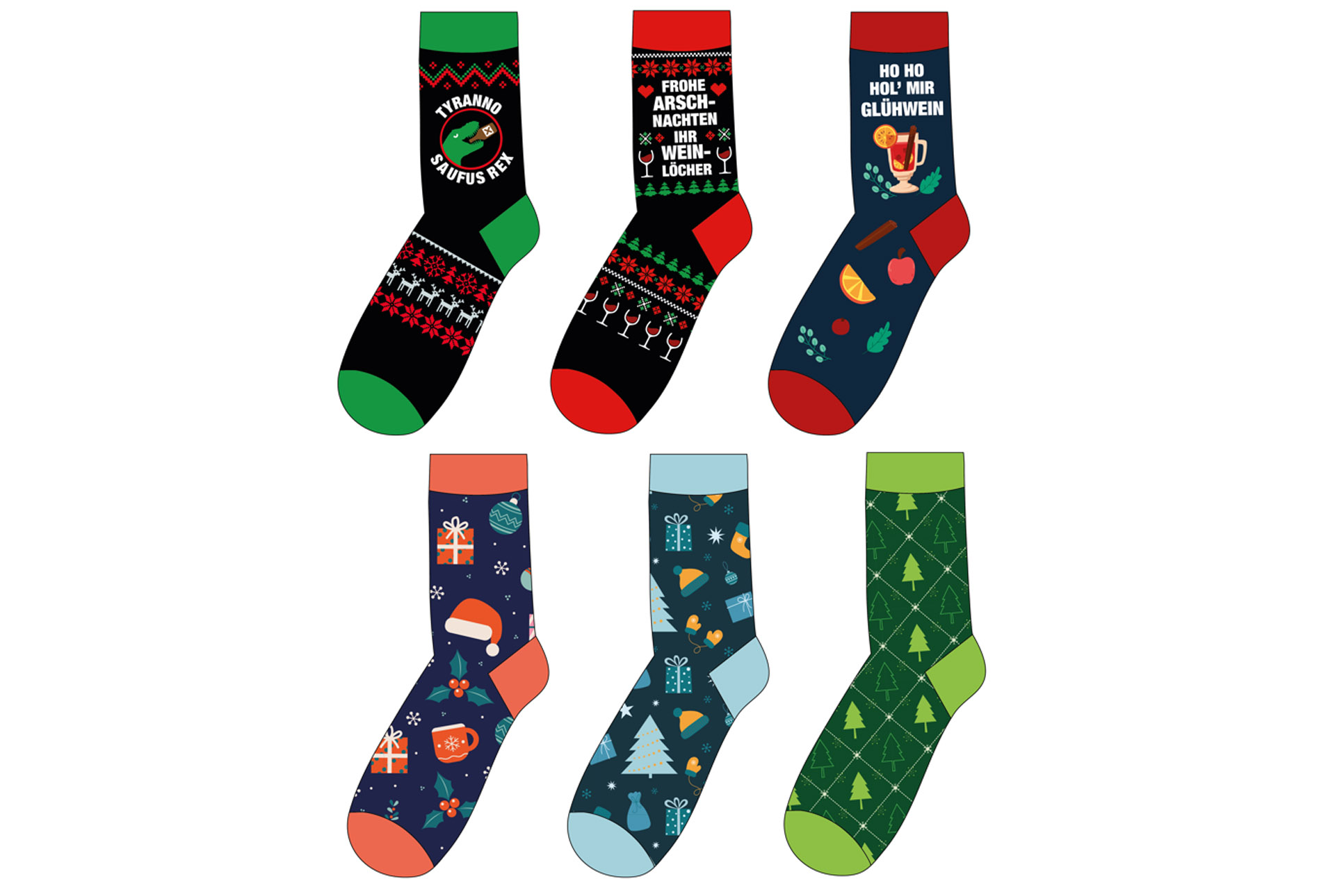 Socken mit Sprüchen Weihnachten, 6 Designs sortiert Gr 36-41, Gr. 42-45 sortiert