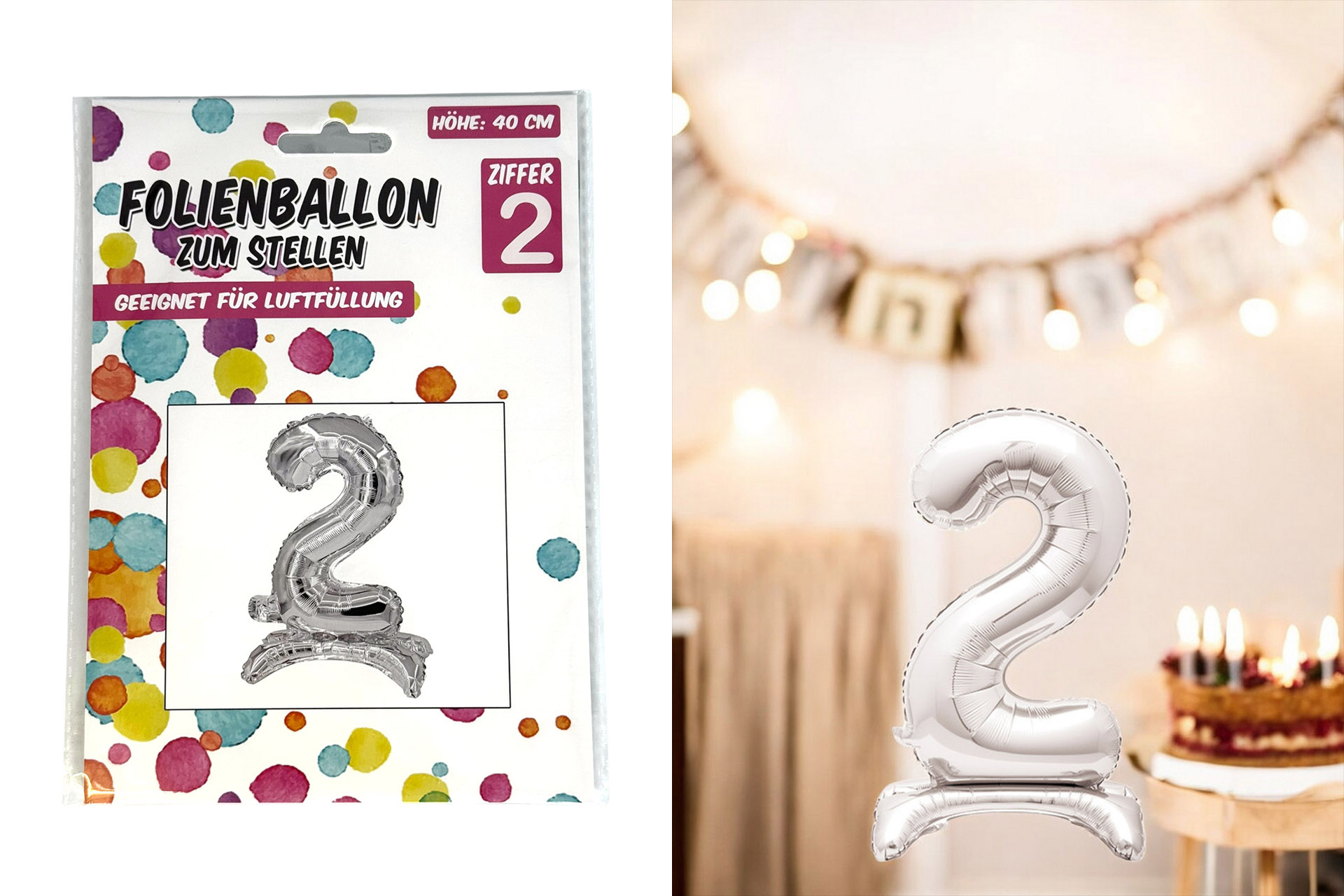 Folienballon zum Hinstellen "2", 40cm, in silber