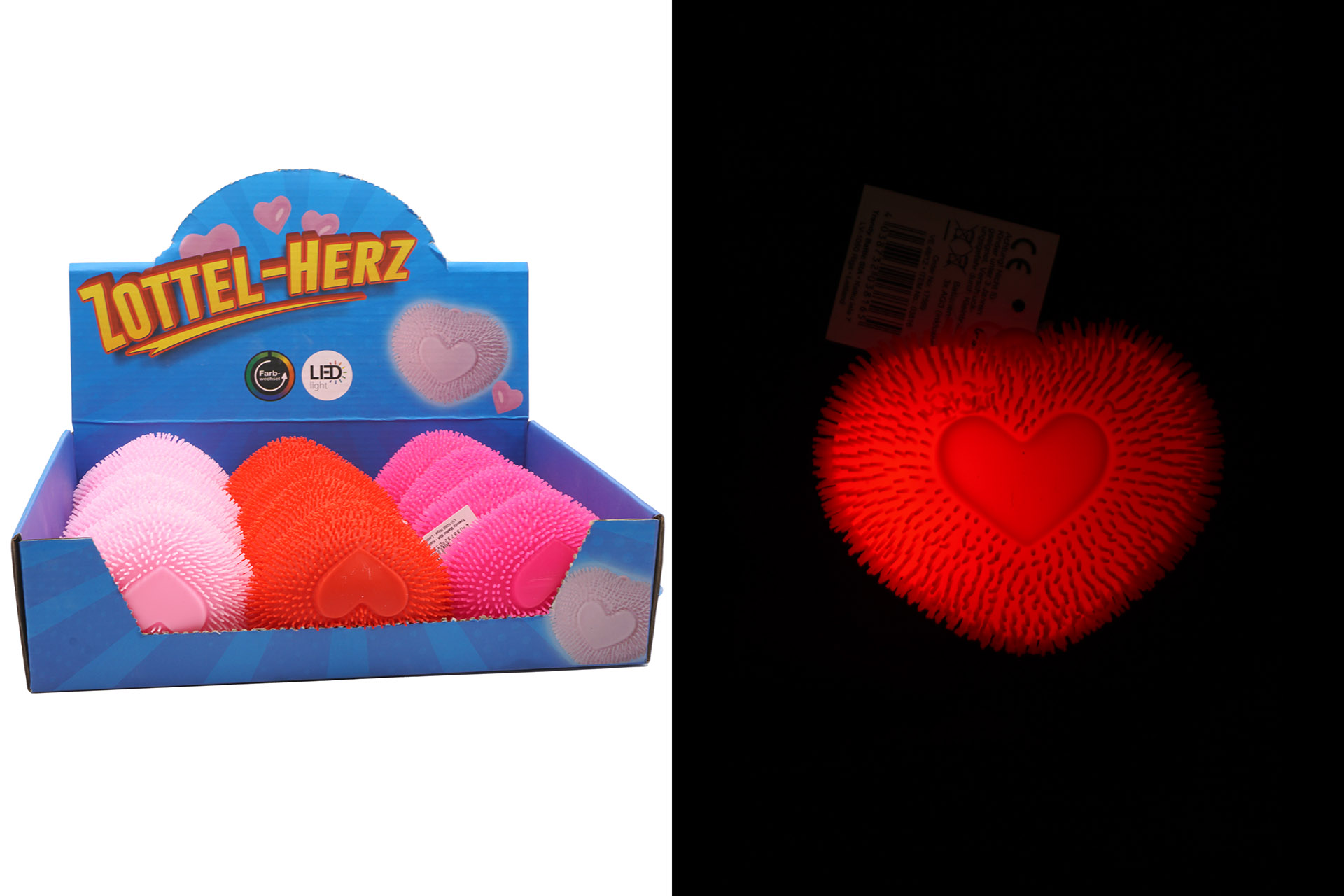 Zottel "Herz" 10x8cm, 3 Farben, im Display, LED