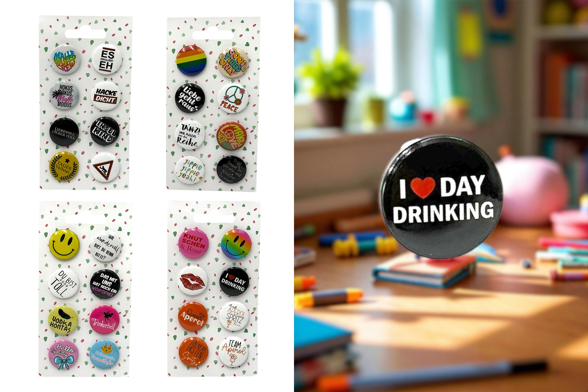 Anstecker/Party Button mit Spruch, 8er Set, Ø 2,5cm, 13x14x1cm, 4-Fach sortiert