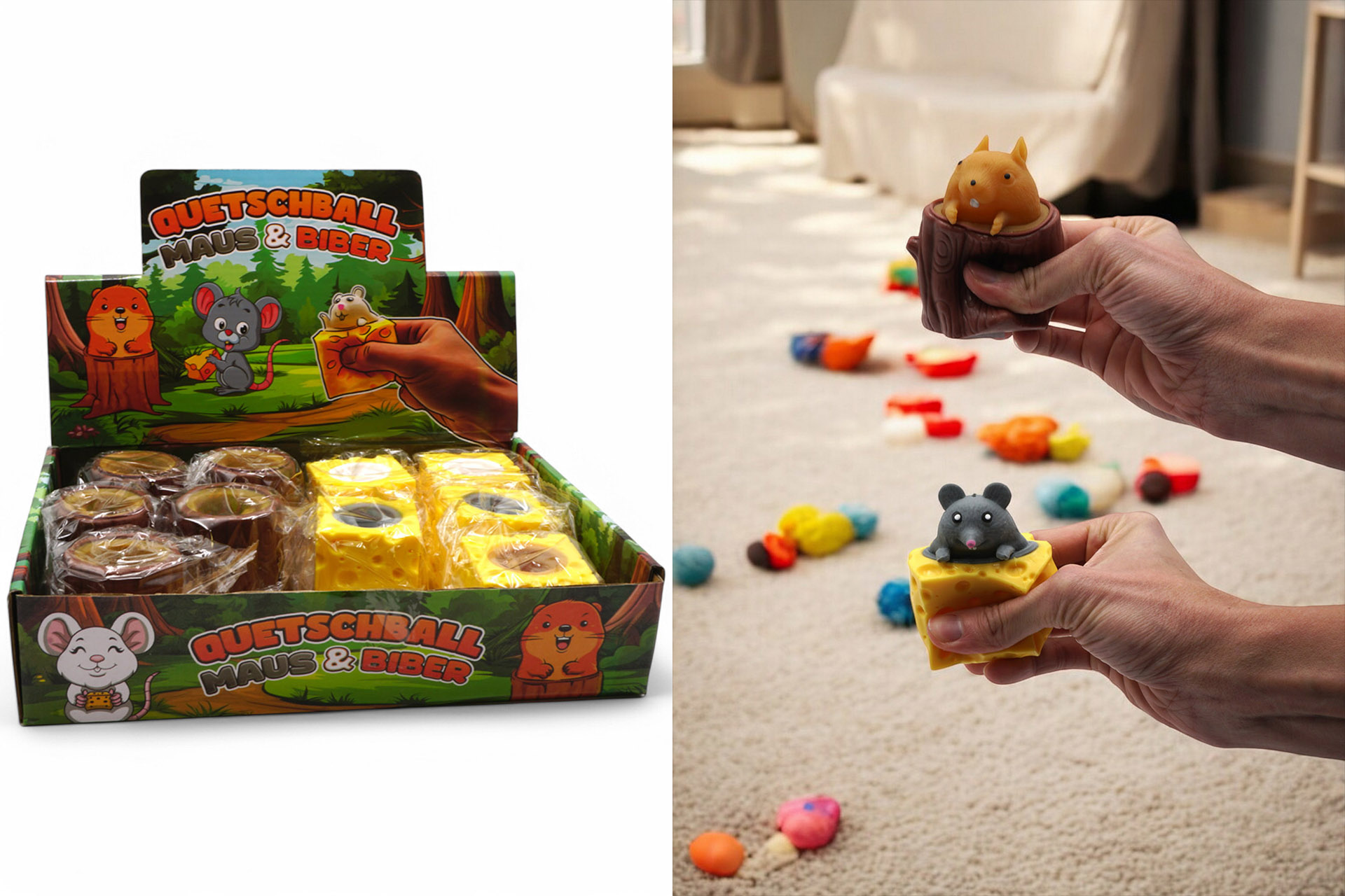 Quetschball Anti-Stress "Maus & Biber", 2 Designs, im Display
