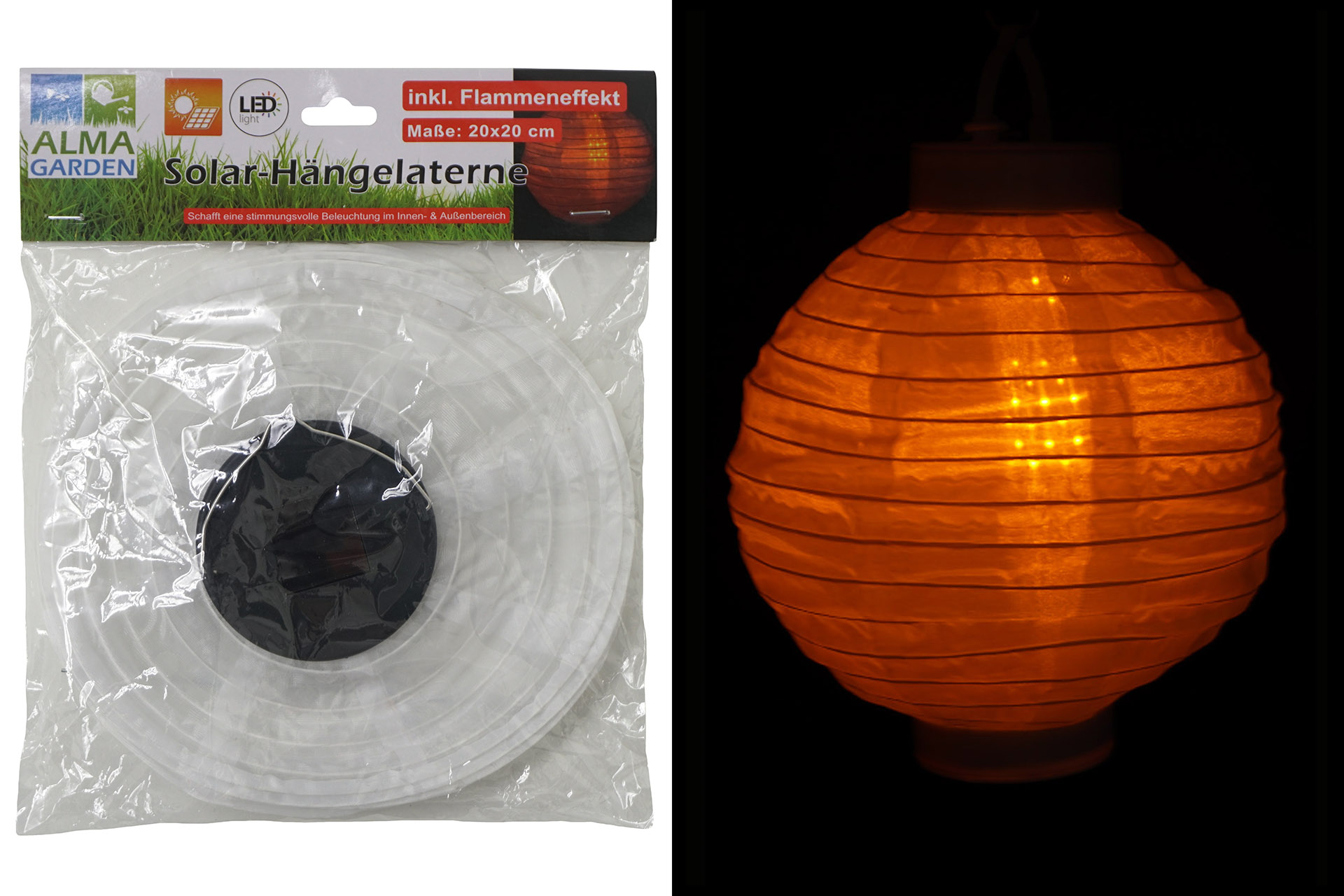 Solar Lampion zum hängen Flammeneffekt, Ø 20cm, 8 LEDs, warmweiß, weiß