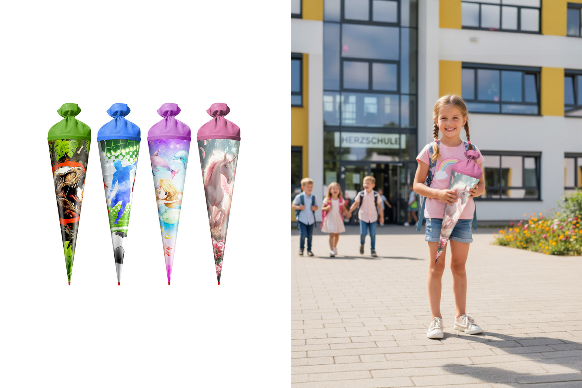 Schultüte/Einschulungstüte, inkl.1m Band, 35x12cm, 4 Designs