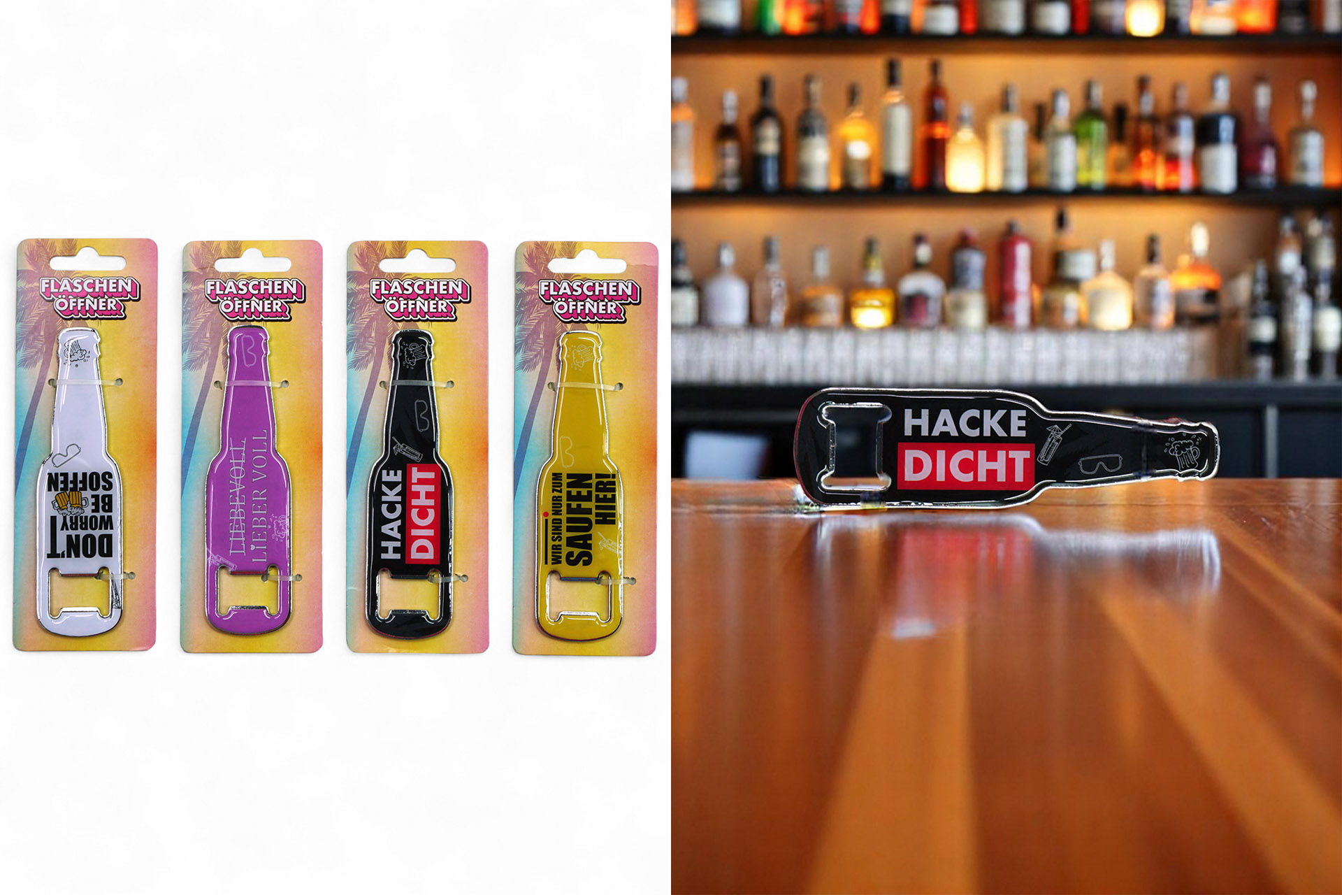 Flaschenöffner "Malle-Party" Flasche mit Magnet 13x3cm, 4 Designs