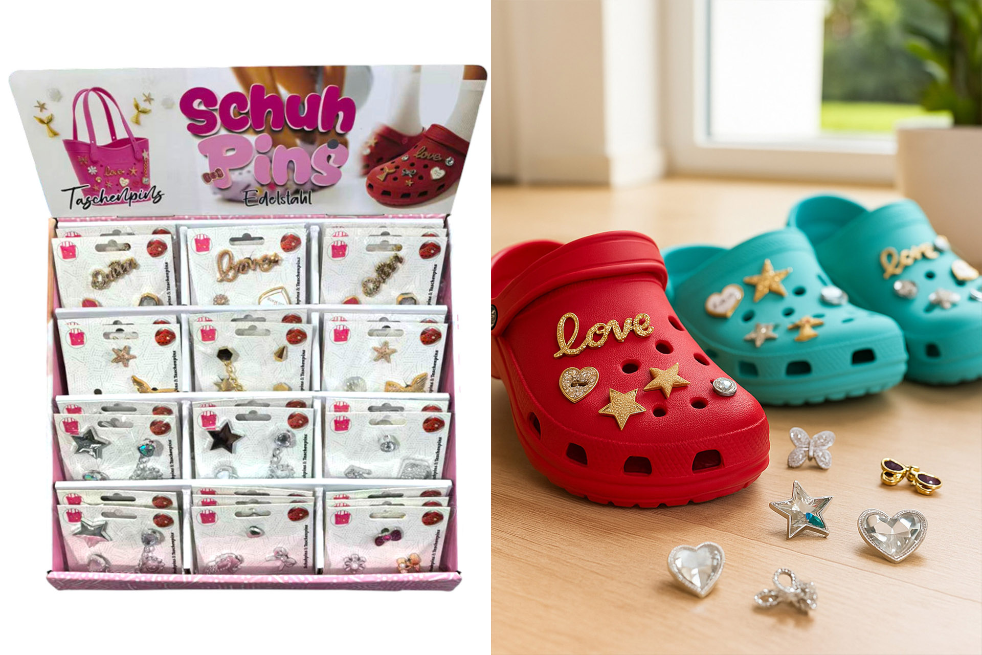 Schuh/Taschenpins "Deluxe", 3er set, 8 Designs, im Display
