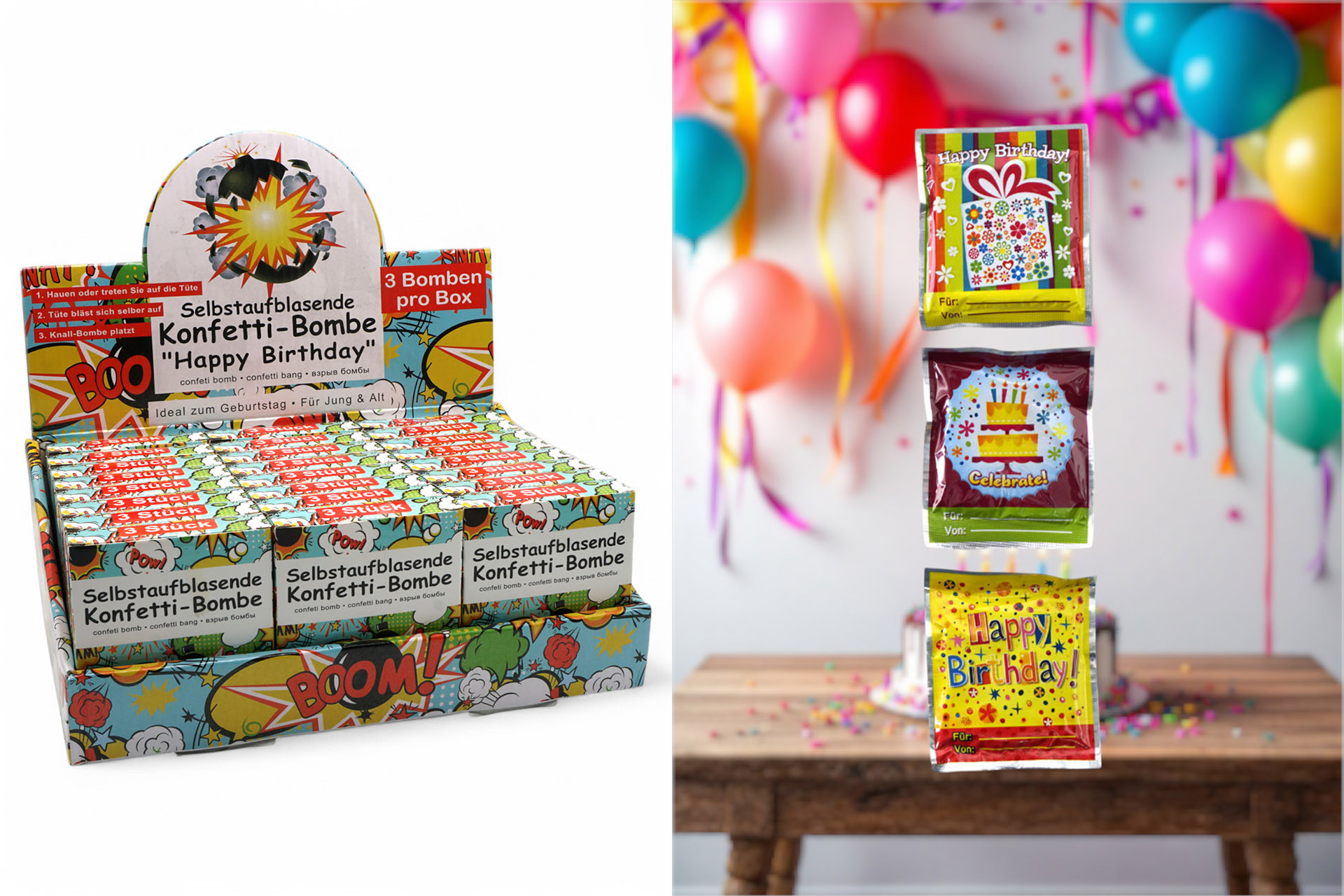 Knallbombe "Happy Birthday", 3 Stk., im Display