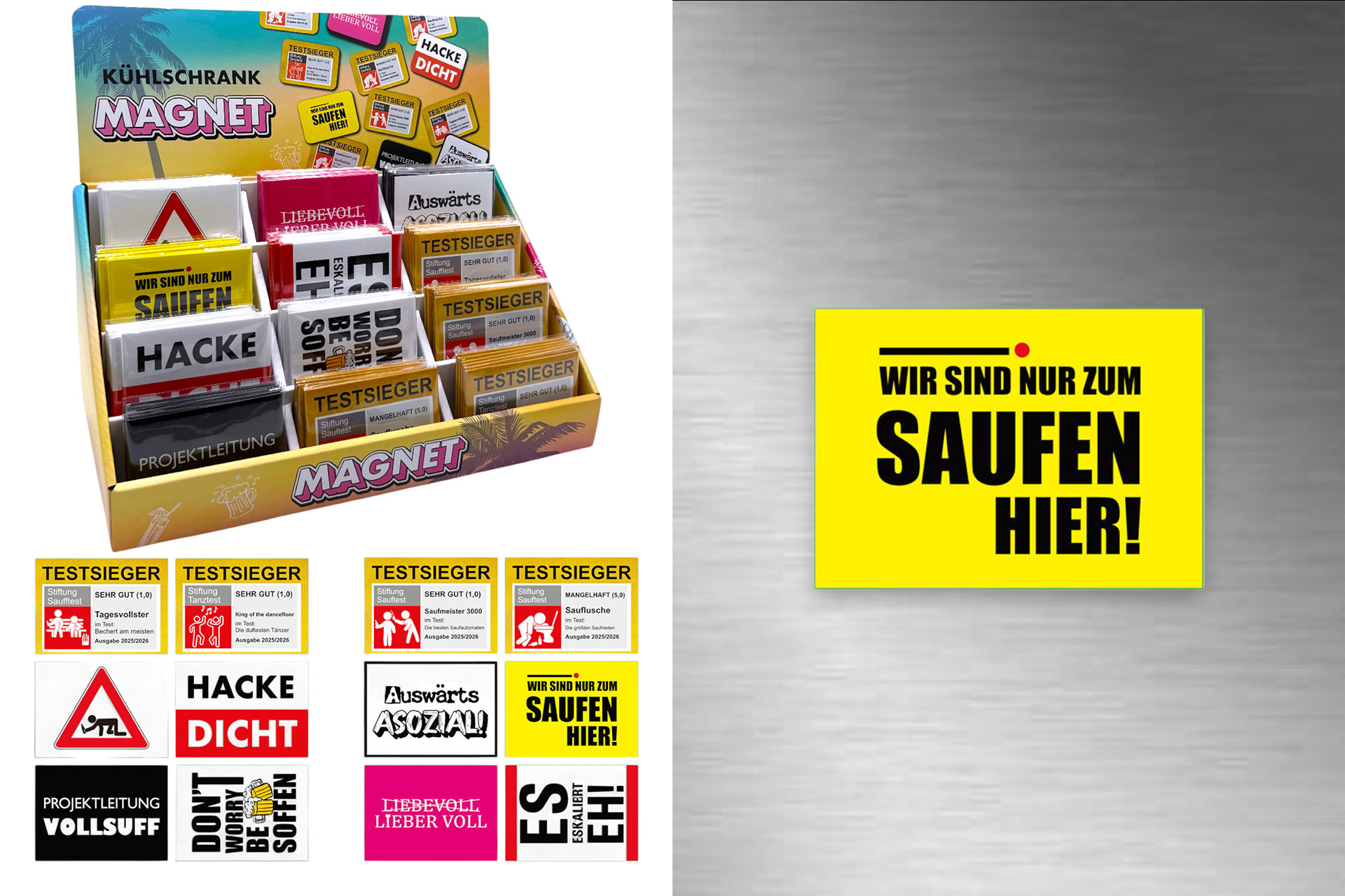 Kühlschrankmagnet, 9x6,5cm, "Malle-Party" 12 Designs, im Display