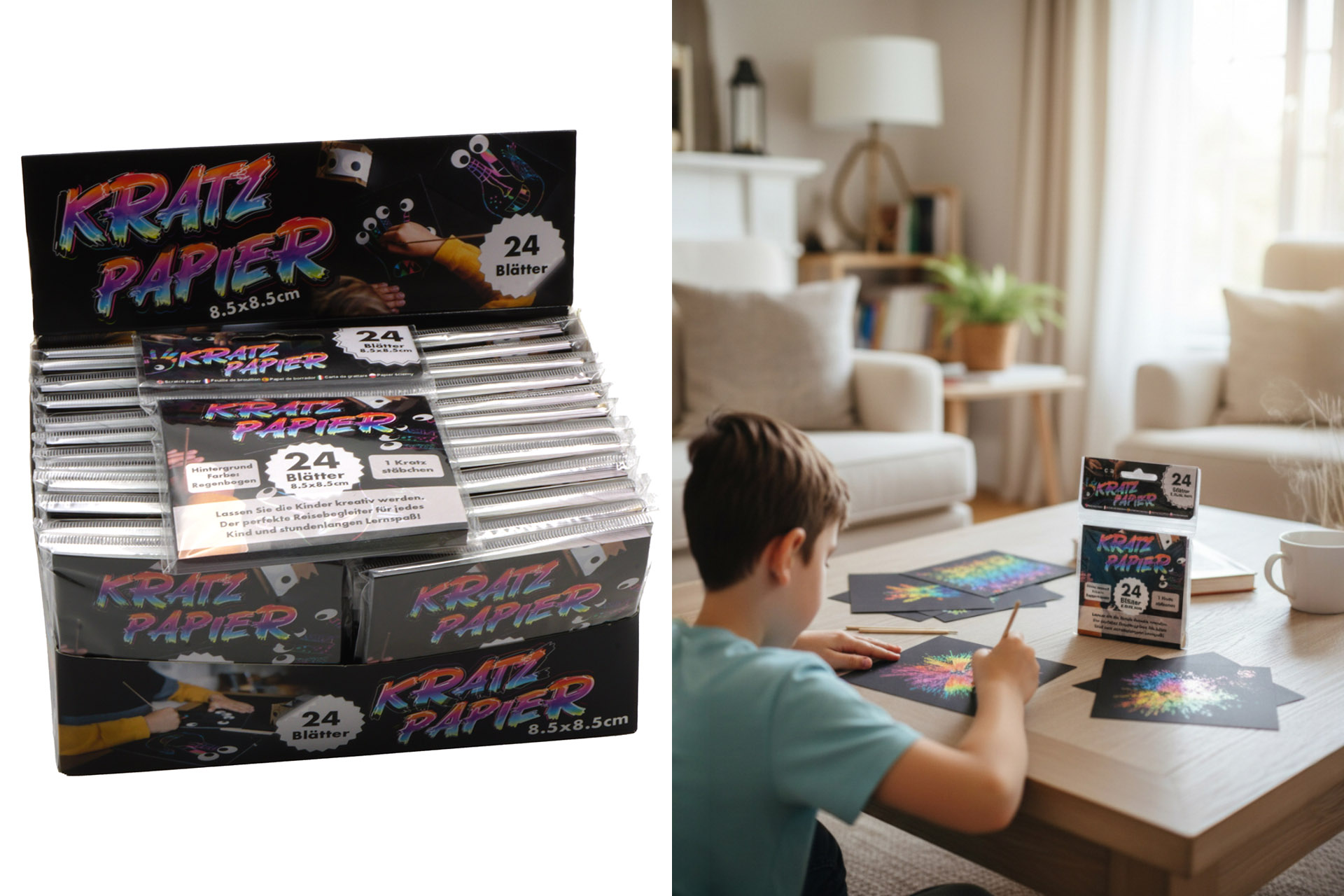 Kratzpapier 24 Blatt mit Kratzstäbchen, 9x9 cm, im Display