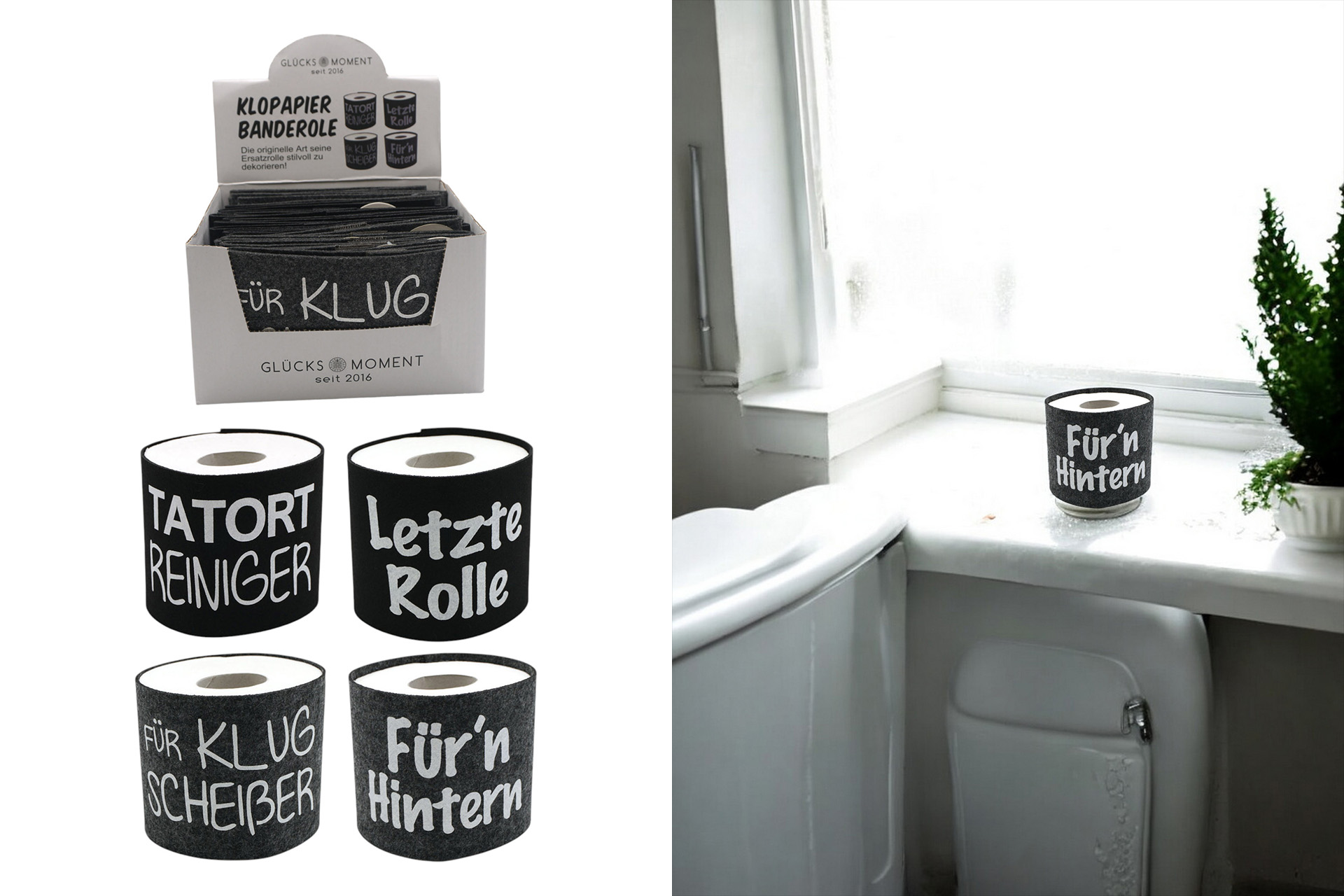 Toilet paper banderole, 4 designs assorted, in display