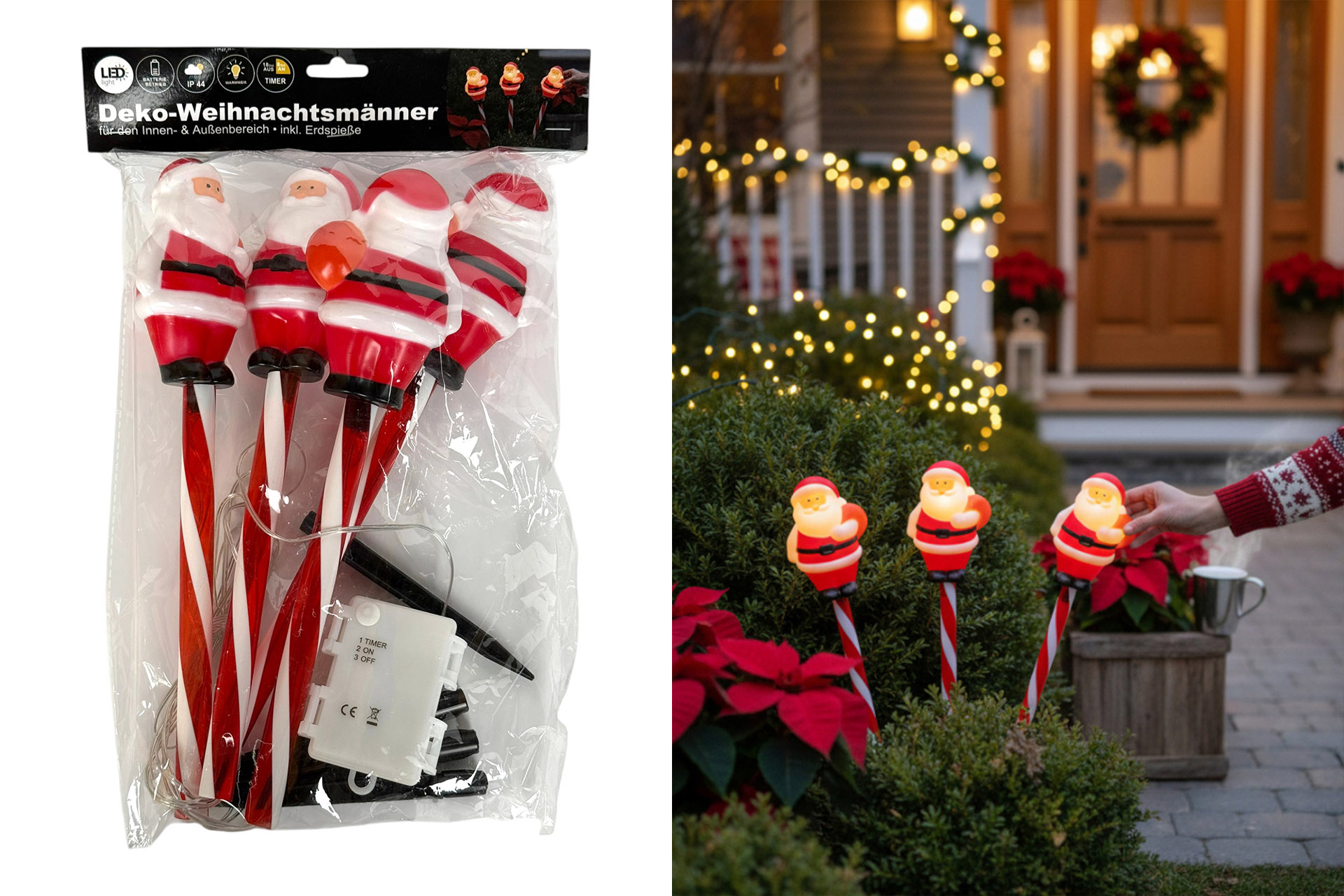 LED Weihnachts Dekorations-Set "Weihnachtsmann", 8x40cm, warmweiß, mit Timer