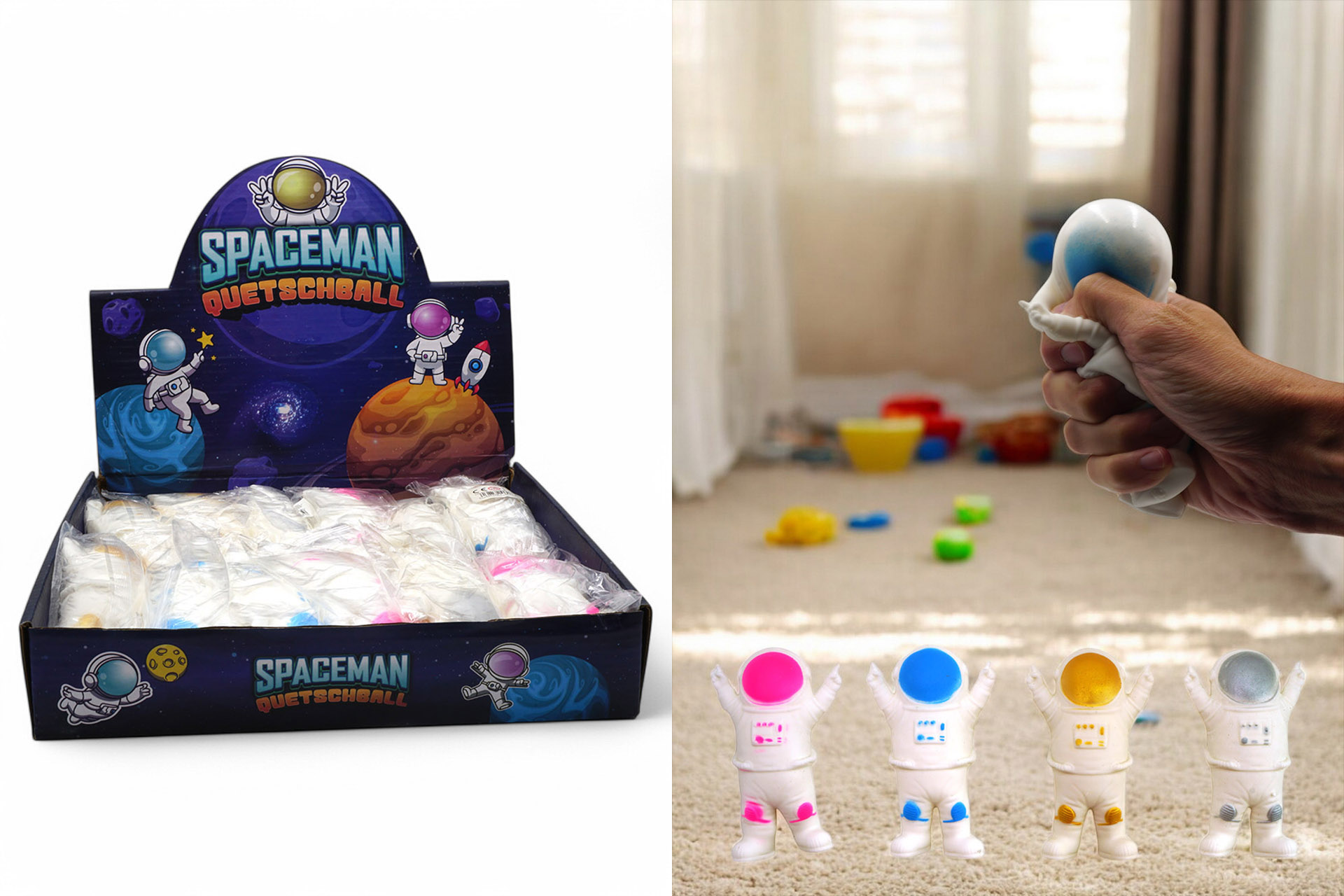 Quetschball Anti-Stress "Spaceman" 12cm, 4 Farben, im Display