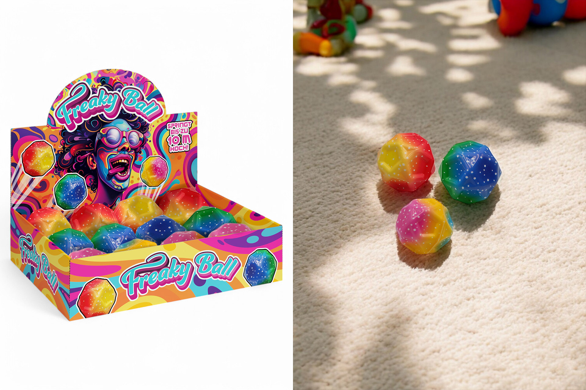Bouncy Ball "Freaky", Ø 6cm, 3 Designs, im Display