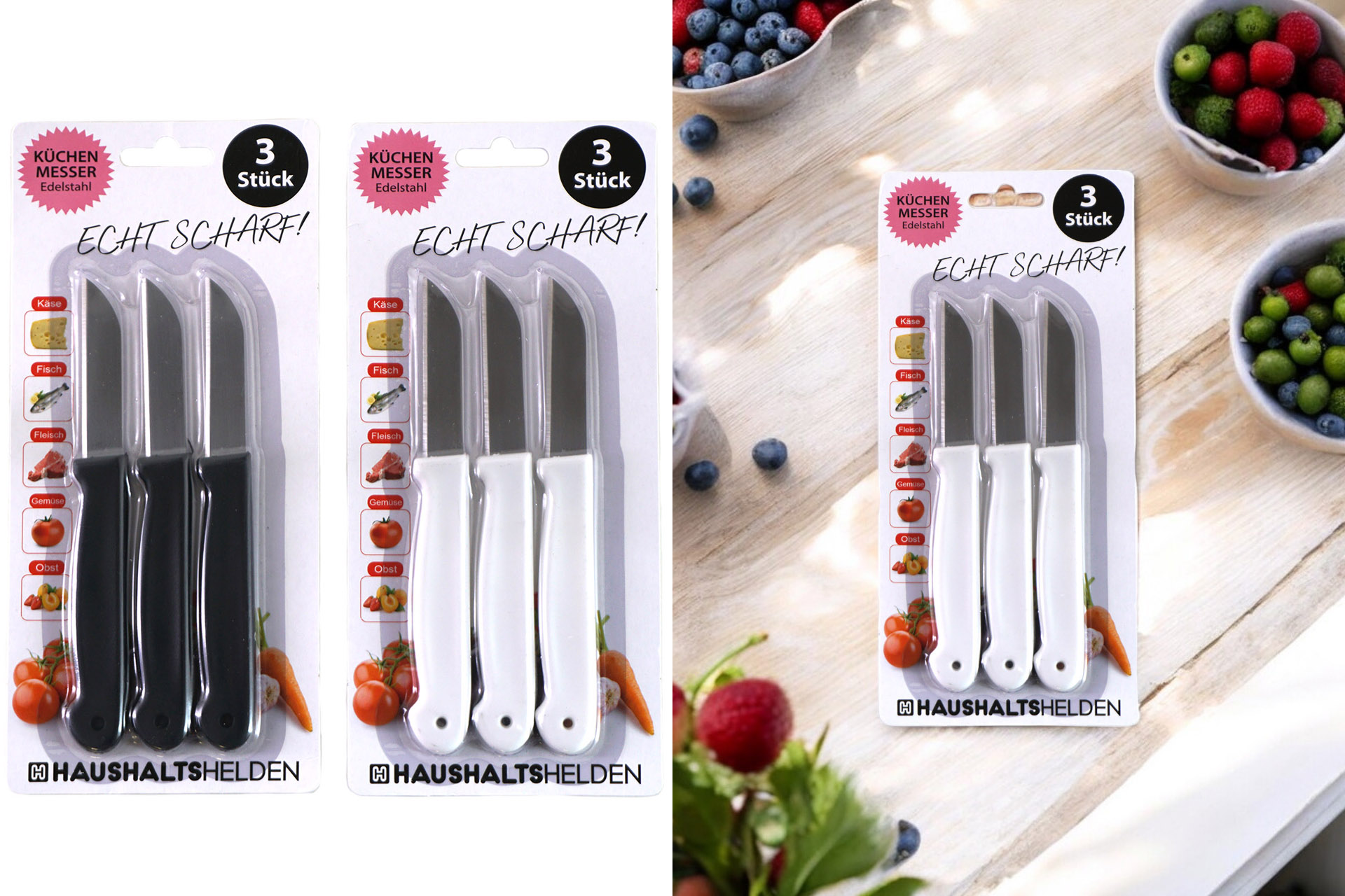 Küchenmesser Edelstahl, 3er, 2 Farben