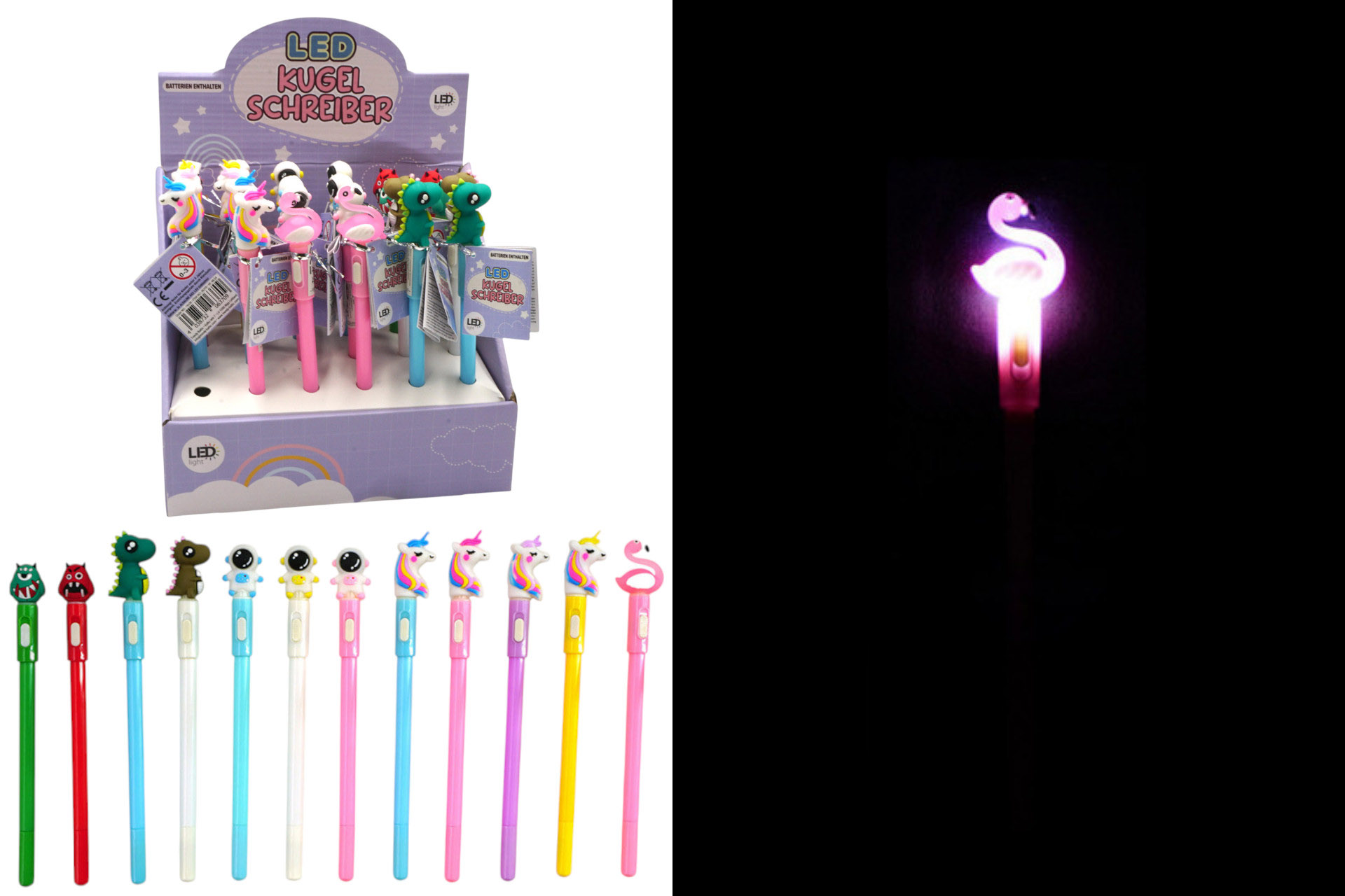 LED Kugelschreiber, 18x2,5x2,5cm, 12 Designs, im Display