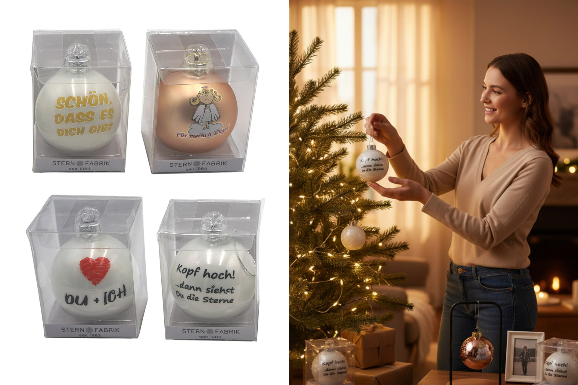 Weihnachtskugeln Glas "Sprüche", Ø 6cm, 4 Designs