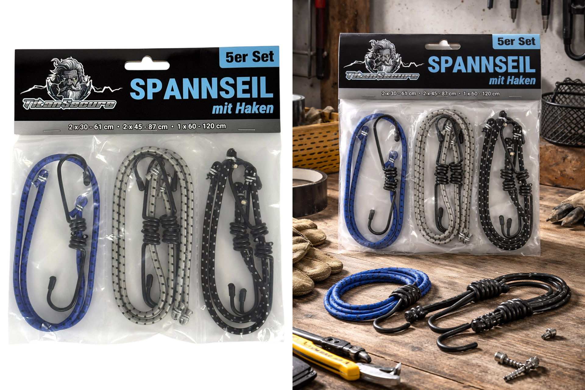 Tension rope with hook elastic 3 sizes, 5 pieces