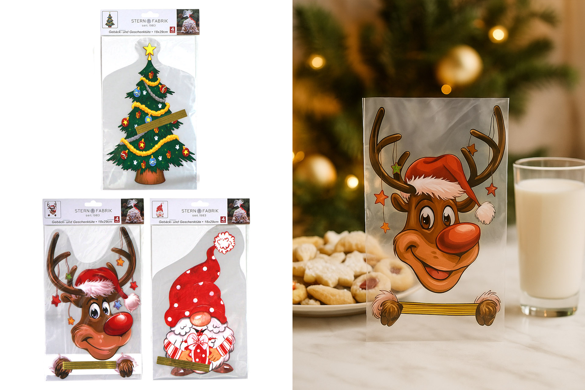 Gebäck- und Geschenktüte "3D" Design, 3 Designs, 18x29cm, 4 Stück