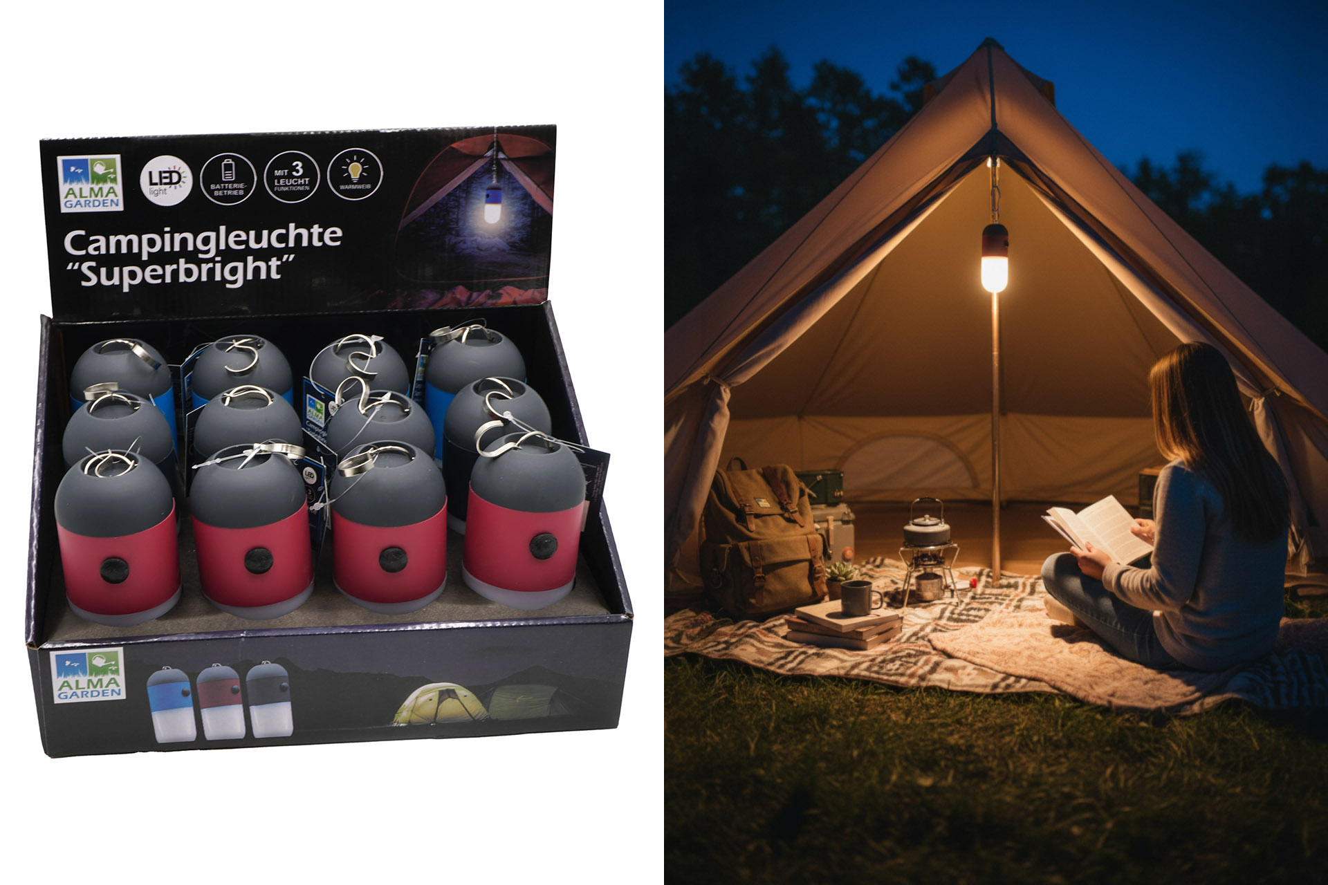 Campingleuchte Superbright 8 SMD, 14x5,5x5,5cm, 3 Farben, im Display