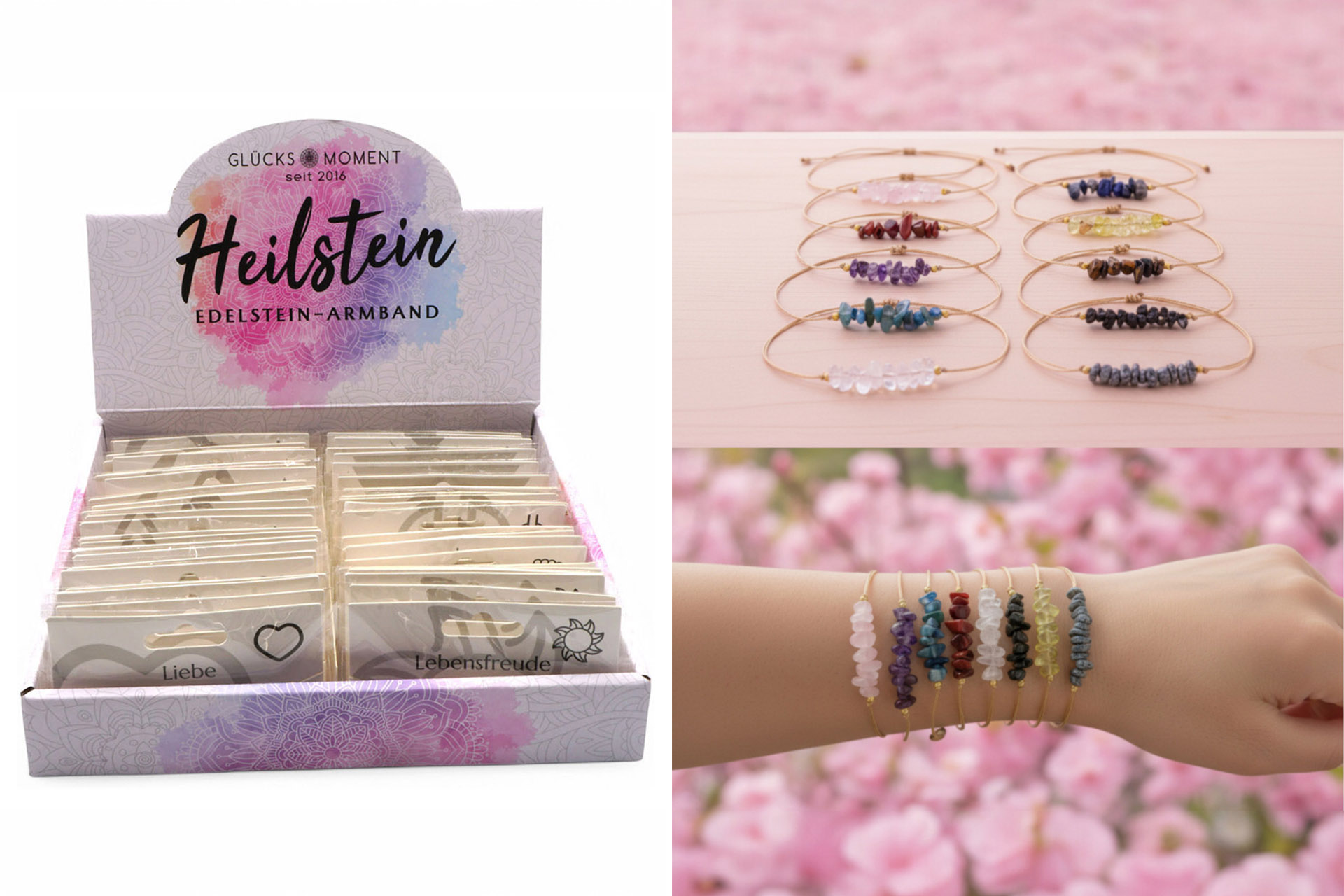 Edelstein Armband "Heilstein" Kristall, 1cm, 10 Designs, im Display